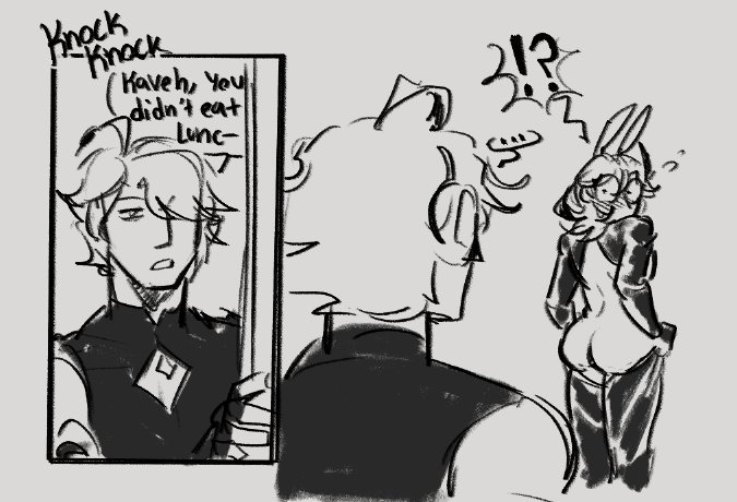a black and white comic strip style drawing.  the left panel has a character with short hair, wearing a collared shirt, looking surprised, and the right panel has a character with longer hair, wearing a collared shirt, with a surprised expression and a character with long hair in bunny ears looking surprised.  the text in the left panel says, "knock knock  kaveh, you didn't eat lunch."  the text in the right panel says, "!"   the right panel shows a character that looks like they are being surprised, with their hand over their mouth.  the drawing is very detailed and expressive, with a lot of shading and crosshatching.
