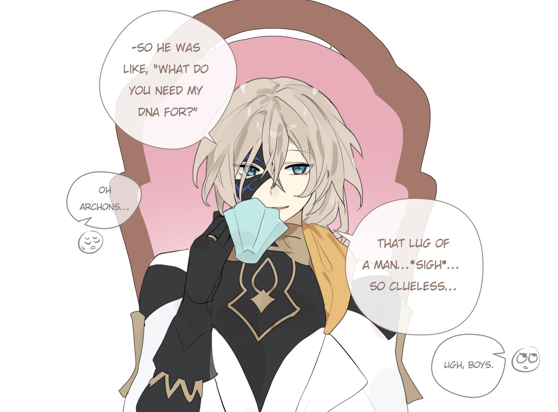 an anime boy with white hair and black eye patch, wearing a white suit and black jacket, sits in a pink chair, sipping on a cup of tea. he is looking at the reader with a tired expression. there are speech bubbles around him with text showing he is annoyed, tired, and frustrated.
