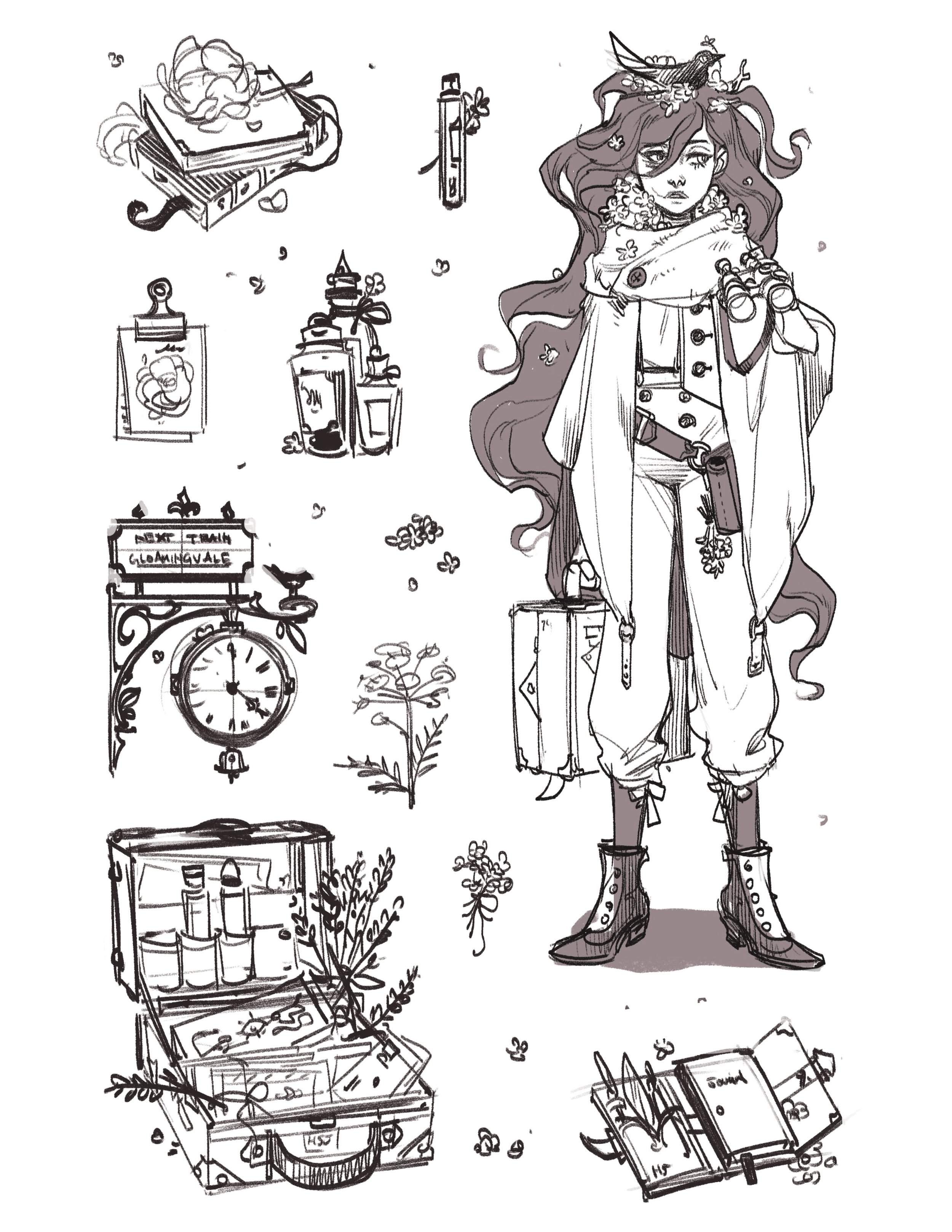 the image is a detailed, whimsical grayscale illustration or sketch of a young woman, possibly a traveler or apothecary.  she's dressed in a long coat and boots, carrying a suitcase.  surrounding her are various objects hinting at her character and profession: books, perfume bottles, herbal plants, a clock at a train station sign, and open suitcases filled with various items. the overall style is reminiscent of fantasy or steampunk aesthetics, with intricate details and a delicate line style. the scene is cluttered yet visually pleasing, suggesting a story or narrative context.