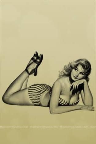 a black and white vintage photograph of a pinup model wearing a swimsuit and sandals while lying on her stomach in a studio setting. she looks away from the camera, and her body curves gracefully. the image has a classic, glamorous feel.