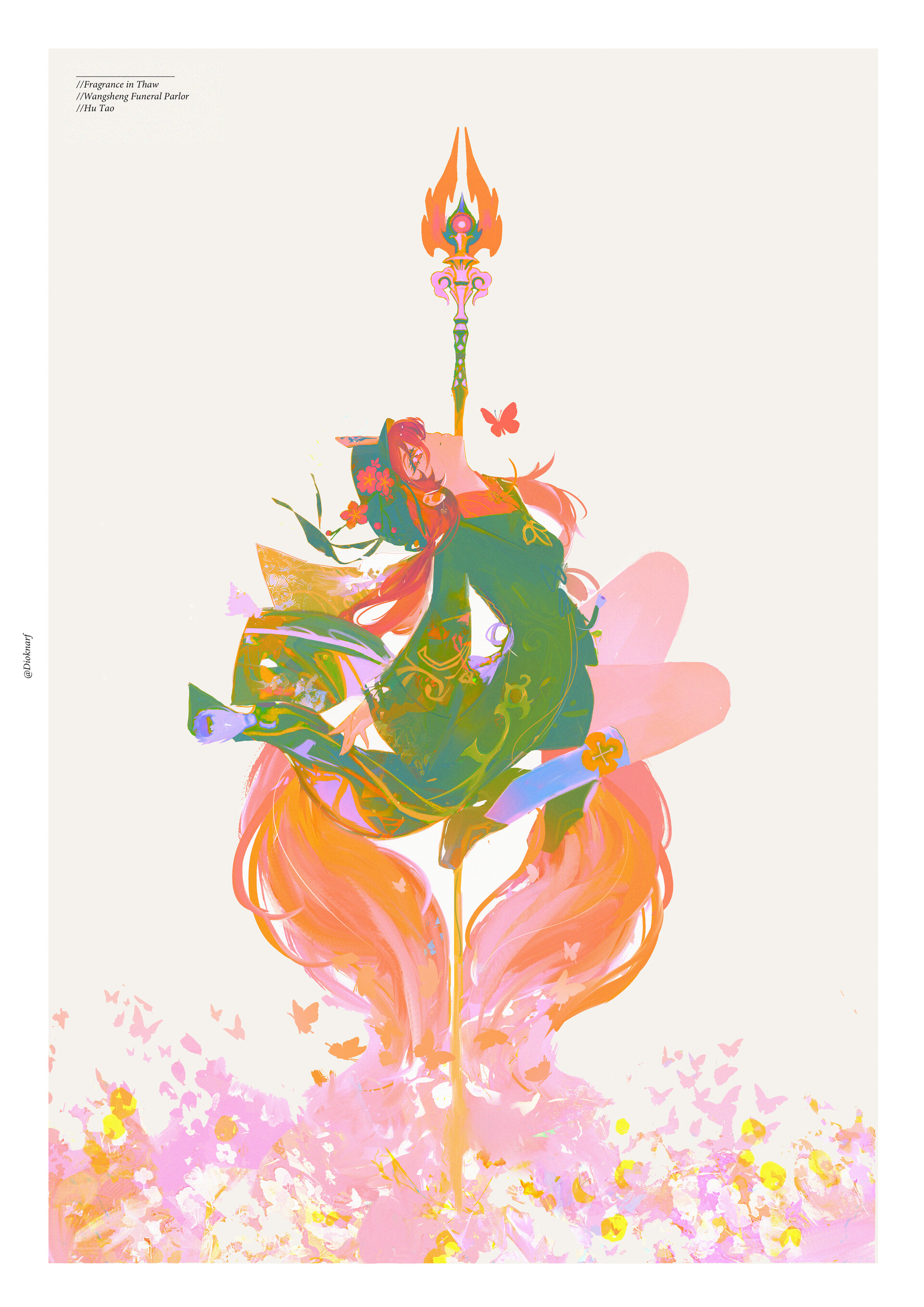 an animestyle illustration of a woman with long red hair and a green dress balancing on a long, ornate spear. the spear is topped with a decorative emblem. she has a serene expression on her face, and butterflies surround her. the overall color scheme is pastel and dreamy. the image gives off a mystical and ethereal vibe.  the style is detailed and whimsical.