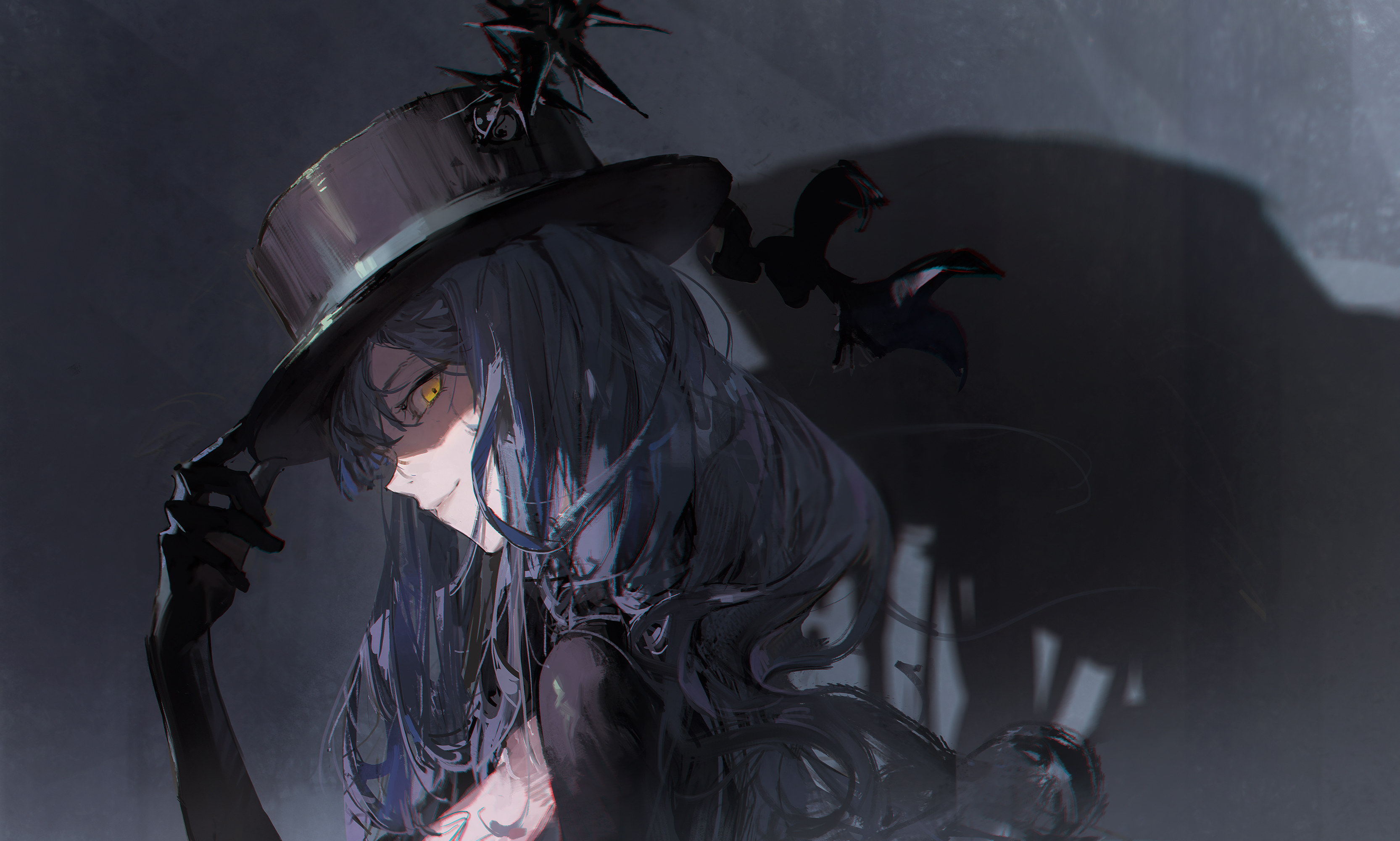 a dark and mysterious anime girl wearing a black top hat adorned with a feather and a black glove. she has long flowing black hair,  yellow eyes, and a mysterious smile. she is framed by dark shadows, creating a dramatic and intriguing atmosphere.