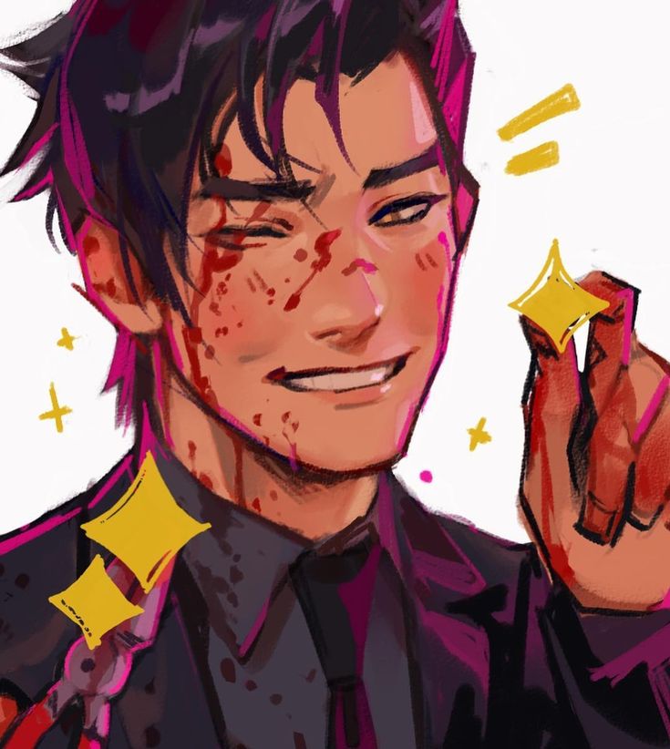a digital drawing of a male anime character with bloody splatter on his face and suit jacket. he is smiling and holding a small yellow star in his right hand with his fingers outstretched. there are several other yellow stars in the background. the background is white.