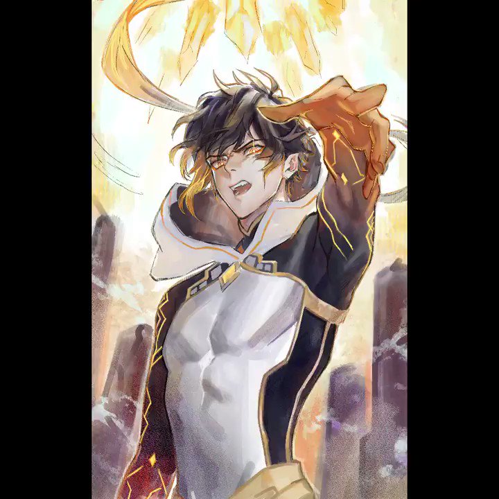 an animestyle illustration of a young male character with black hair and golden eyes. he has on a white and black outfit with gold trim, and his right arm is outstretched towards the viewer. he is surrounded by a glowing aura.