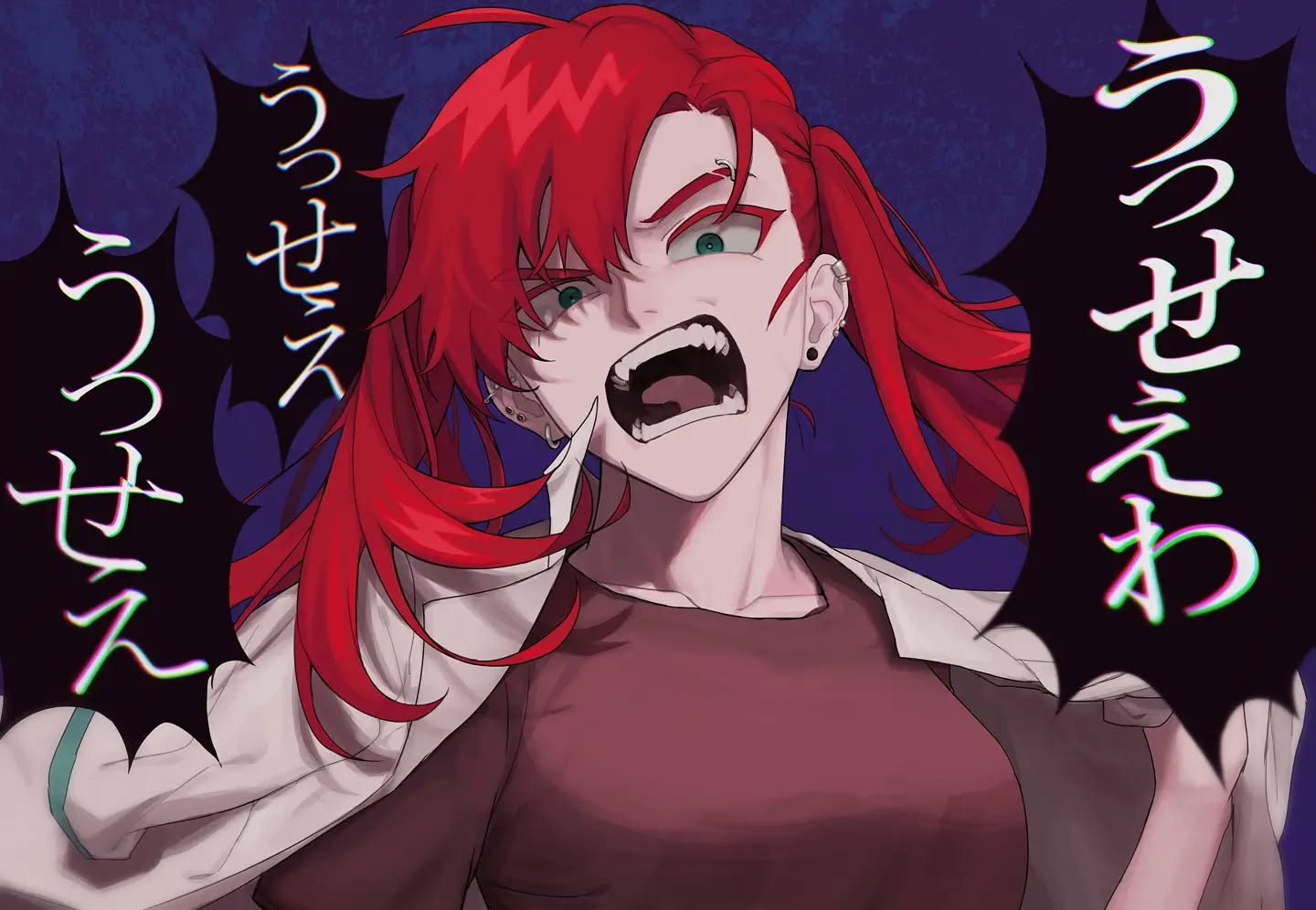 the image is a digital illustration of an animestyle girl with bright red hair. she is shown from the chest up, with her mouth wide open in a scream or shout. her expression is fierce and angry. the background is a dark purple, and there are two large black speech bubbles with japanese text on either side of her head. the text appears to be a form of onomatopoeia, expressing the sound of a shout or scream. the overall style is dynamic and vibrant, with a focus on strong lines and bold colors. the girl's clothing appears to be a simple dark shirt under a white coat or jacket.  her hair is styled in a way that suggests movement or energy. the overall impression is one of intense emotion and action.