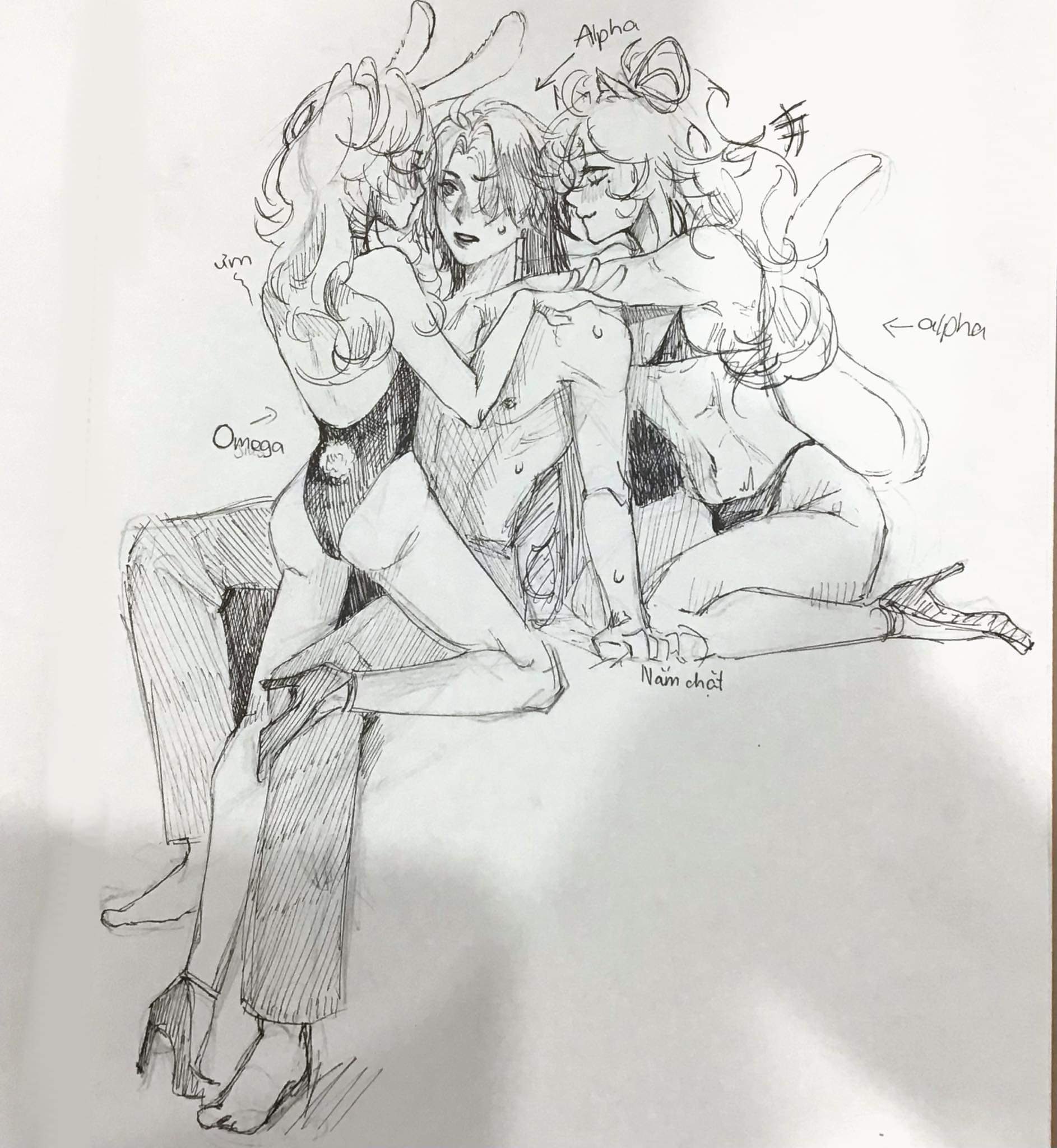 a black and white sketch of two women and one man. the women are labeled "alpha" and "omega" in the drawing, while the man is labeled "nam chat." the alpha is sitting with her leg on the man's lap, while the omega is wrapped around the man from behind. the man has his arms around both women. they are all drawn in a hugging embrace.  the women have bunny ears and are drawn in anime style.