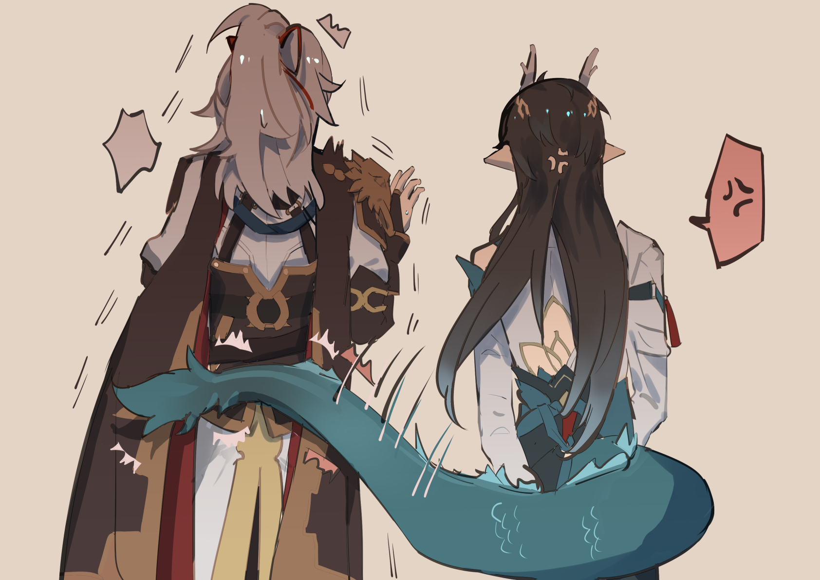 the image is of two anime girls, one has long black hair and the other has long white hair. they are holding hands and both of them have blue tails. the girl with the white hair is looking over her shoulder with a surprised expression and the girl with black hair has a gentle smile on her face. the girls are drawn in a comicstyle and their tails are a little bit more whimsical than realistic. they are standing on a plain background. they are both wearing clothes that look to be from a fantasy world, but their fashion is different. the girl with white hair is wearing clothing that looks to be inspired by traditional japanese clothing. the girl with black hair is wearing a more modern white jacket and a light blue crop top.