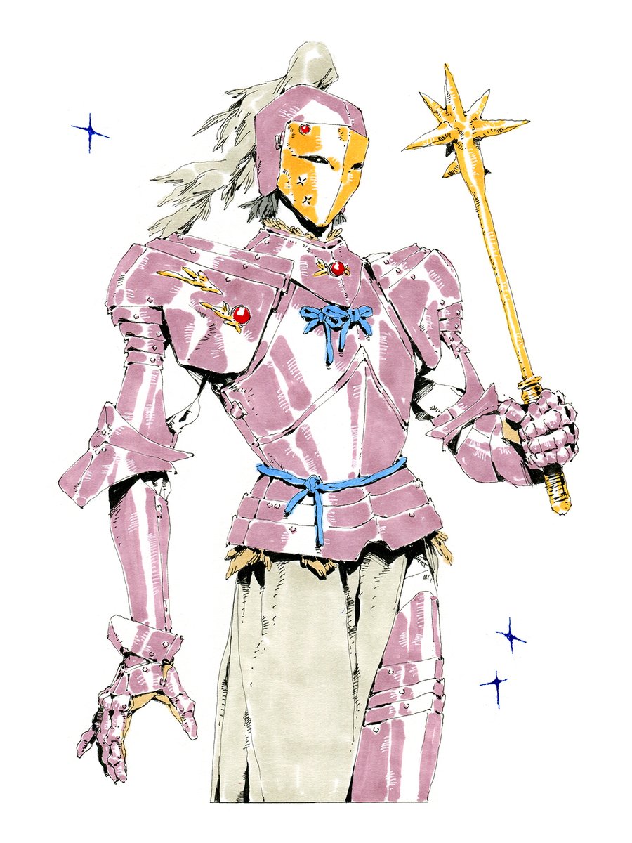 a fullbody illustration of a knight clad in ornate, pinkhued armor. the knight stands against a white background, holding a golden mace adorned with a star. small, blue stars accentuate the background. the knight's helmet obscures their face, leaving only a glimpse of flowing, lightcolored hair. the art style is reminiscent of classic fantasy illustrations.