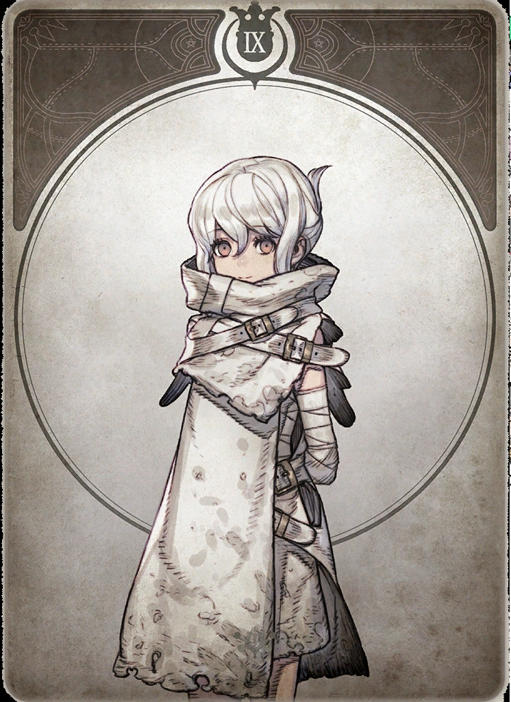 the image depicts a stylized illustration of a young woman with white hair, resembling a character from an anime or manga. she stands in front of a circular frame adorned with ornate details. the overall aesthetic is reminiscent of a tarot card, further emphasized by the roman numeral "ix" at the top. the woman wears a long white hooded cloak with buckles, which partially obscures her face, adding an air of mystery.  the background consists of a muted gray tone, drawing focus to the central figure.