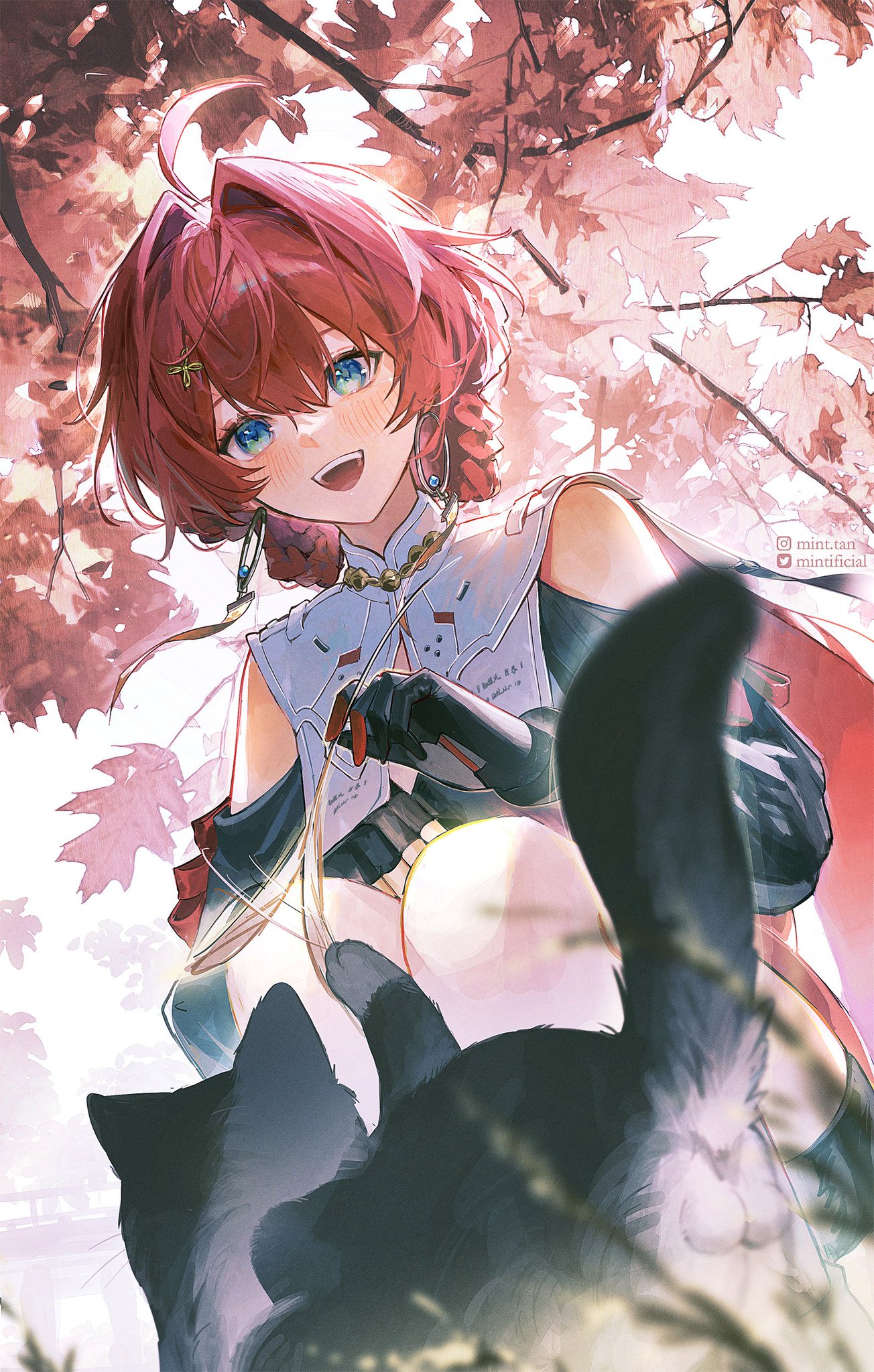 a happy anime girl with long red hair and a white and red outfit is sitting with her black cat in the woods. the girl is smiling and looking at the viewer, while the cat is looking down. the scene is framed by a beautiful background of red and white leaves. this artwork is an illustration and was likely created using digital art.