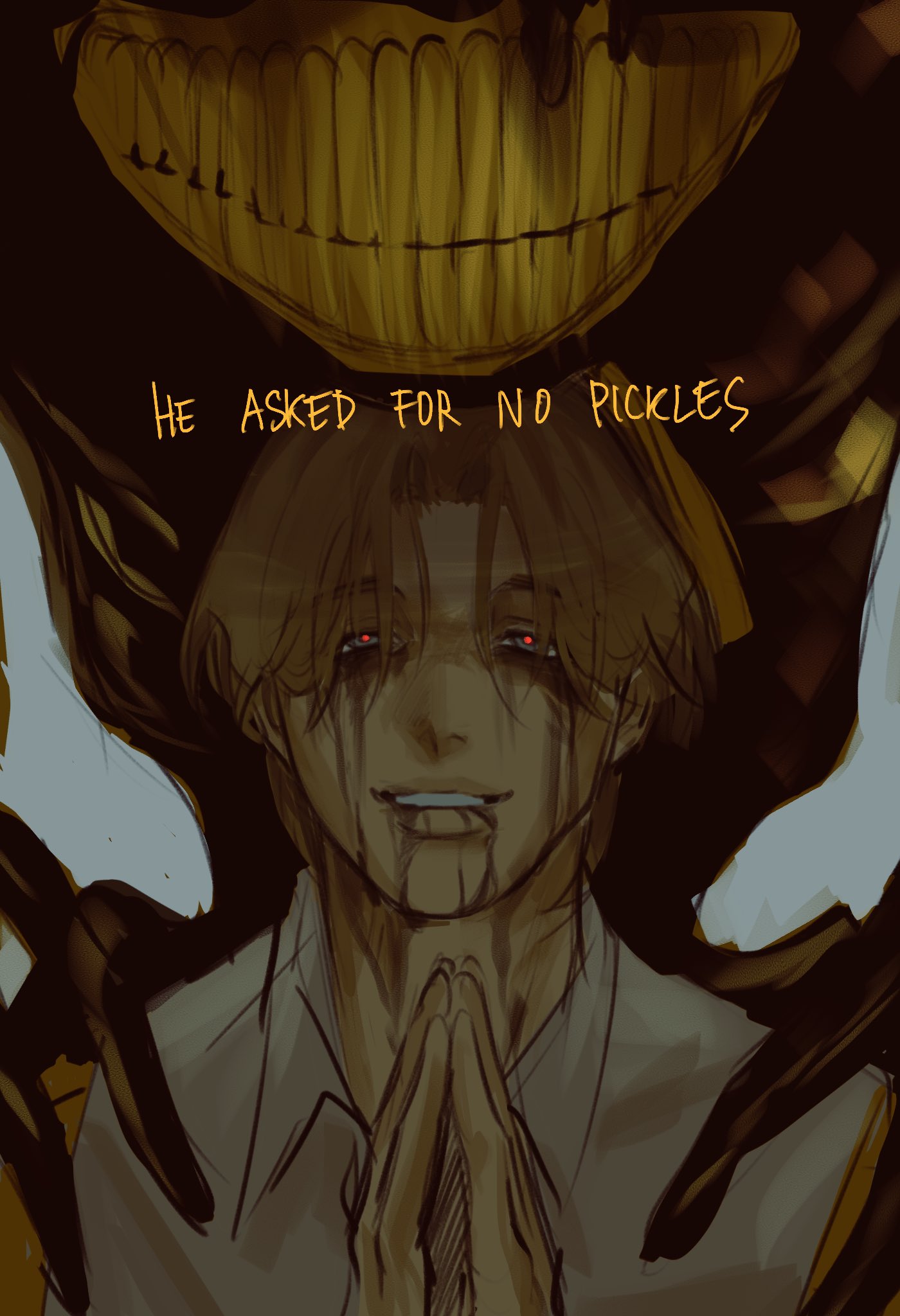 the image showcases a piece of fanart depicting a scene from the game "bendy and the ink machine." it features two figures: a monstrous, grinning creature made of ink, known as "bendy," looms in the background. in the foreground, a man with inkstained skin and fearful eyes, likely representing the character "sammy lawrence," stands with his hands clasped in a gesture of prayer. the phrase "he asked for no pickles" is written across the image, referencing a popular meme within the game's fandom. the overall tone is dark and unsettling, with a limited color palette dominated by blacks, yellows, and browns.