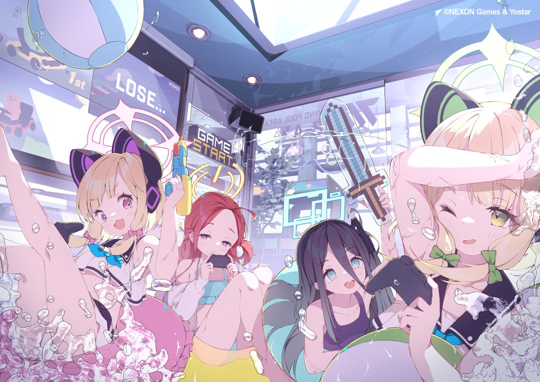 the image is a vibrant, colorful anime illustration depicting four girls enjoying a summer water fight inside what appears to be an arcade or game center.  they're dressed in swimsuits and are playfully splashing each other with water guns and other waterbased fun items. the background features arcade game elements, a "game start" sign, and a "lose..." message on a screen, suggesting a playful competitive atmosphere. one girl holds a pixelated sword water toy.  the overall style is bright, cute, and dynamic, with a focus on fun and summer vibes.  the artwork's watermark indicates it's created by or for nexon games & yostar.