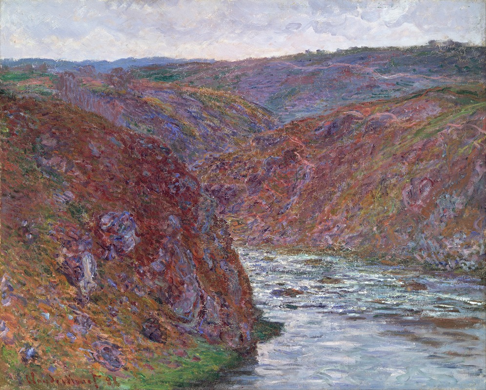 the painting depicts a valley with a river flowing through it. the valley is surrounded by cliffs and hills, and the sky is cloudy. the painting is done in the impressionistic style, with visible brushstrokes and a focus on capturing the light and atmosphere of the scene.