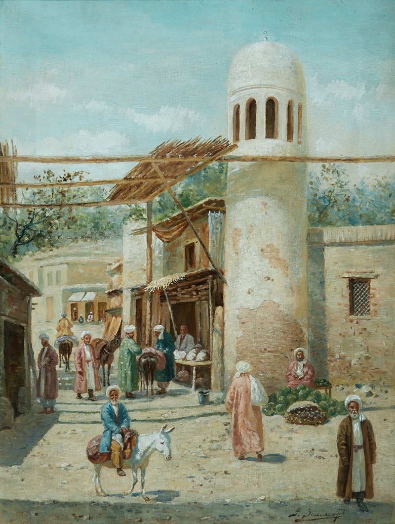 the painting depicts a bustling middle eastern street scene featuring people engaged in various activities. a tall, cylindrical minaret with arched openings dominates the right side of the image, showing signs of age and weathering. a market area with stalls and awnings is located near the minaret, where people are seen buying and selling fruits, including watermelons and melons. several people are dressed in traditional middle eastern clothing, including robes, headwear, and turbans. some individuals are riding donkeys, adding to the vibrant street life. the buildings and architecture are characteristic of middle eastern design, with weathered walls and simple structures. the sky is a pale blue with light clouds, suggesting a sunny day. the painting is rendered in an oiloncanvas style, with visible brushstrokes and warm colors, giving it a historical and timeless feel.