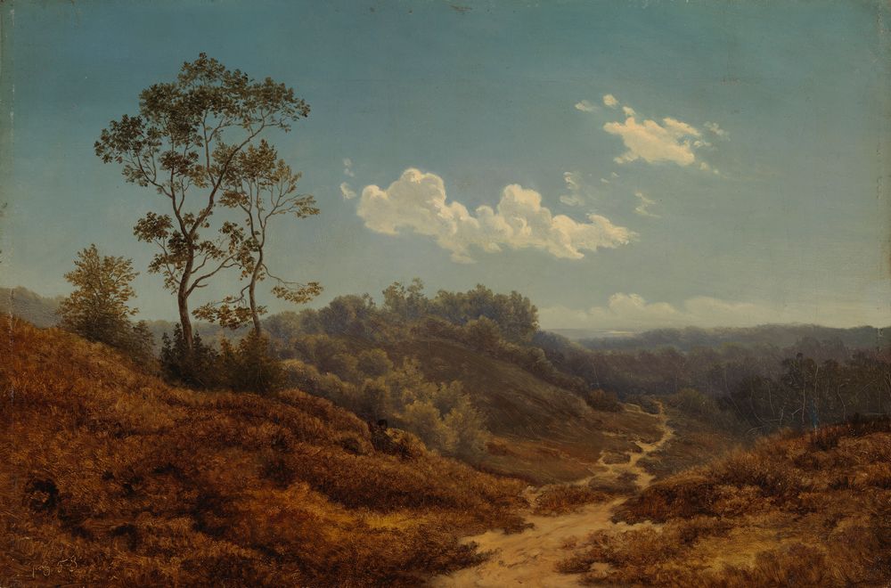the image is a painting of a natural landscape featuring rolling hills, a dirt path winding through the scene, and a cloudy sky above. there are several trees scattered throughout, and the vegetation appears to be mostly brown and dry. the horizon is visible in the distance, creating a sense of depth. the overall tone is calm and serene, with a vintage or classical style.
