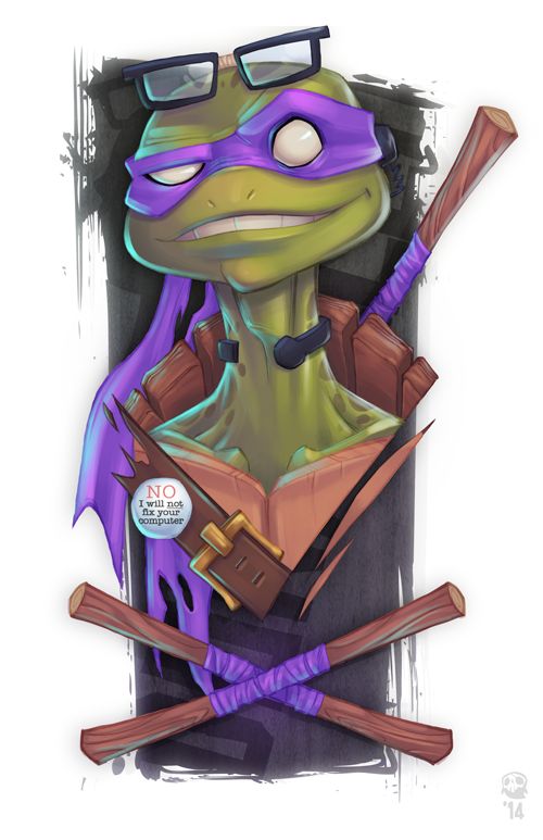 this is a digital illustration of donatello from the teenage mutant ninja turtles, depicted as a cartoon. he's wearing his signature purple bandana,  glasses,  and brown belt. he is holding his sticks (katana) and has a sticker on his chest that reads "no, i will not fix your computer." the image is set against a black and white background with brushstrokes. it's a fun and humorous portrayal of the iconic ninja turtle.
