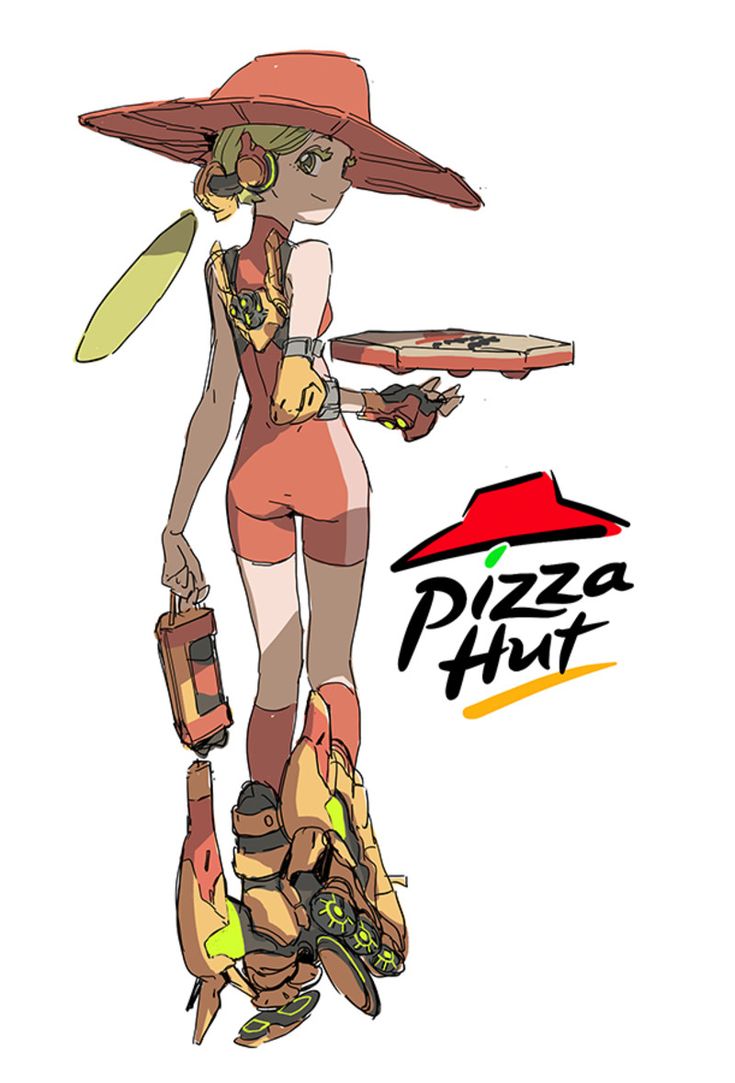 a cartoon female character is drawn in a red and yellow outfit. she has a red hat on and she is holding a pizza box in her right hand. she has a pizza hut logo to the right side.