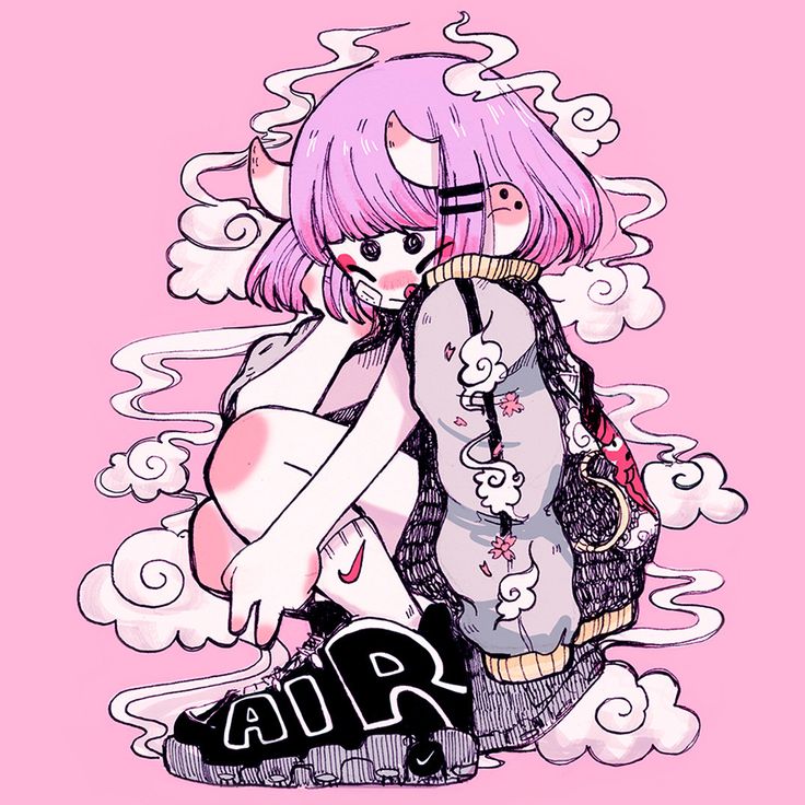 this is a digital illustration of an anime girl sitting down. she has pink hair, is wearing a gray and white jacket with a floral pattern, and is sitting on a pair of black sneakers. the background is pink with white clouds. the girl is wearing a black and white 'air' branded shoe on her right foot.  the art style is very cute and kawaii.