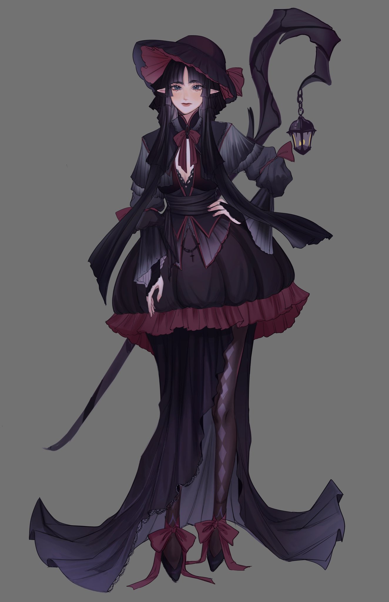 a female anime character dressed in a dark gothic outfit, with a large black hat adorned with red trim, a long black dress, and red shoes with bows. she holds a staff topped with a lantern. the image is dark and mysterious, with an ethereal quality.