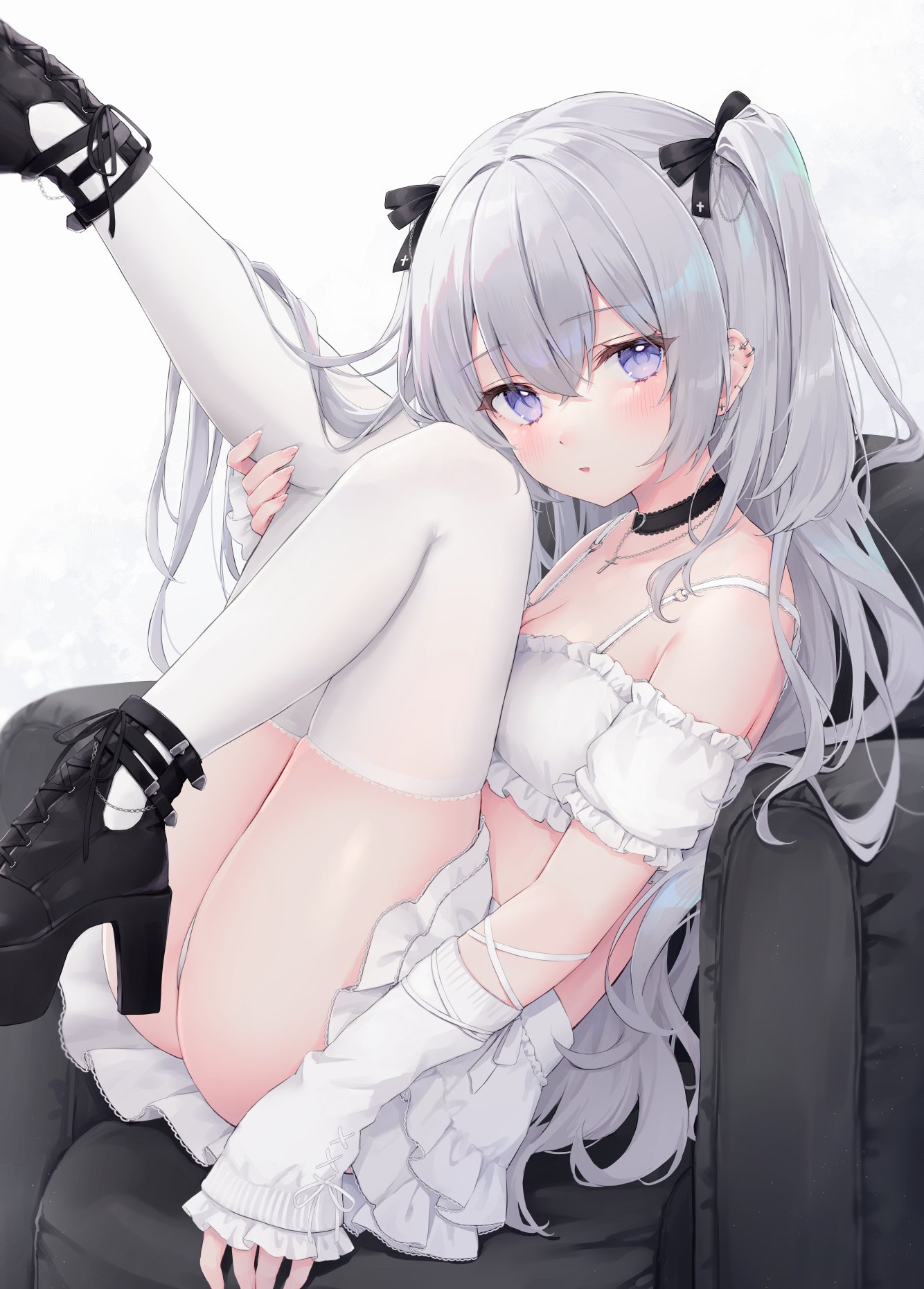 he image shows a digitally drawn anime girl with long, white hair styled in twintails. she has purple eyes and is wearing a white dress with ruffles, white stockings, and black heeled boots. she is sitting with her legs crossed on a dark gray chair, and her pose is suggestive and alluring. the overall style is cute and aesthetically pleasing, with a focus on detail in the clothing and the girl's features. the background is simple and uncluttered, allowing the focus to remain on the character.