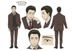 a character design sheet for an anime character. the character is a male with brown hair and eyes, wearing a brown suit and a red tie. the sheet shows the character from different angles, including front, side, and 3/4 view. it also includes closeups of his face and eyes. the background is white.