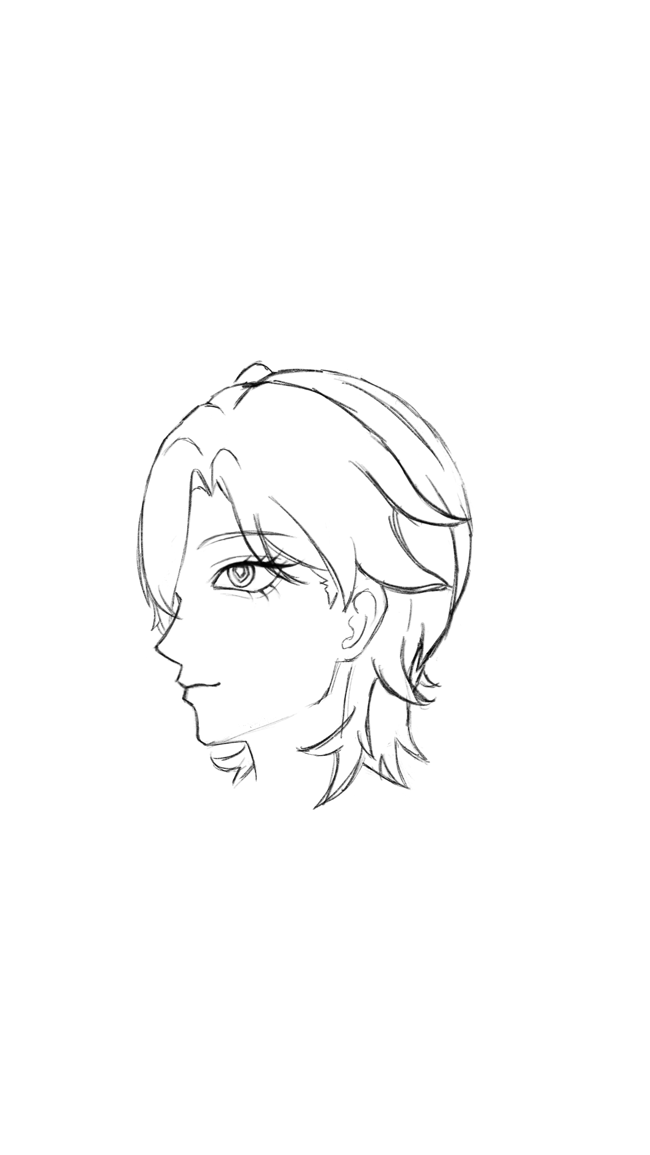 a black and white sketch of a person's head and shoulders in side view, drawn in an animelike style. the person has short, layered hair and a detailed eye.