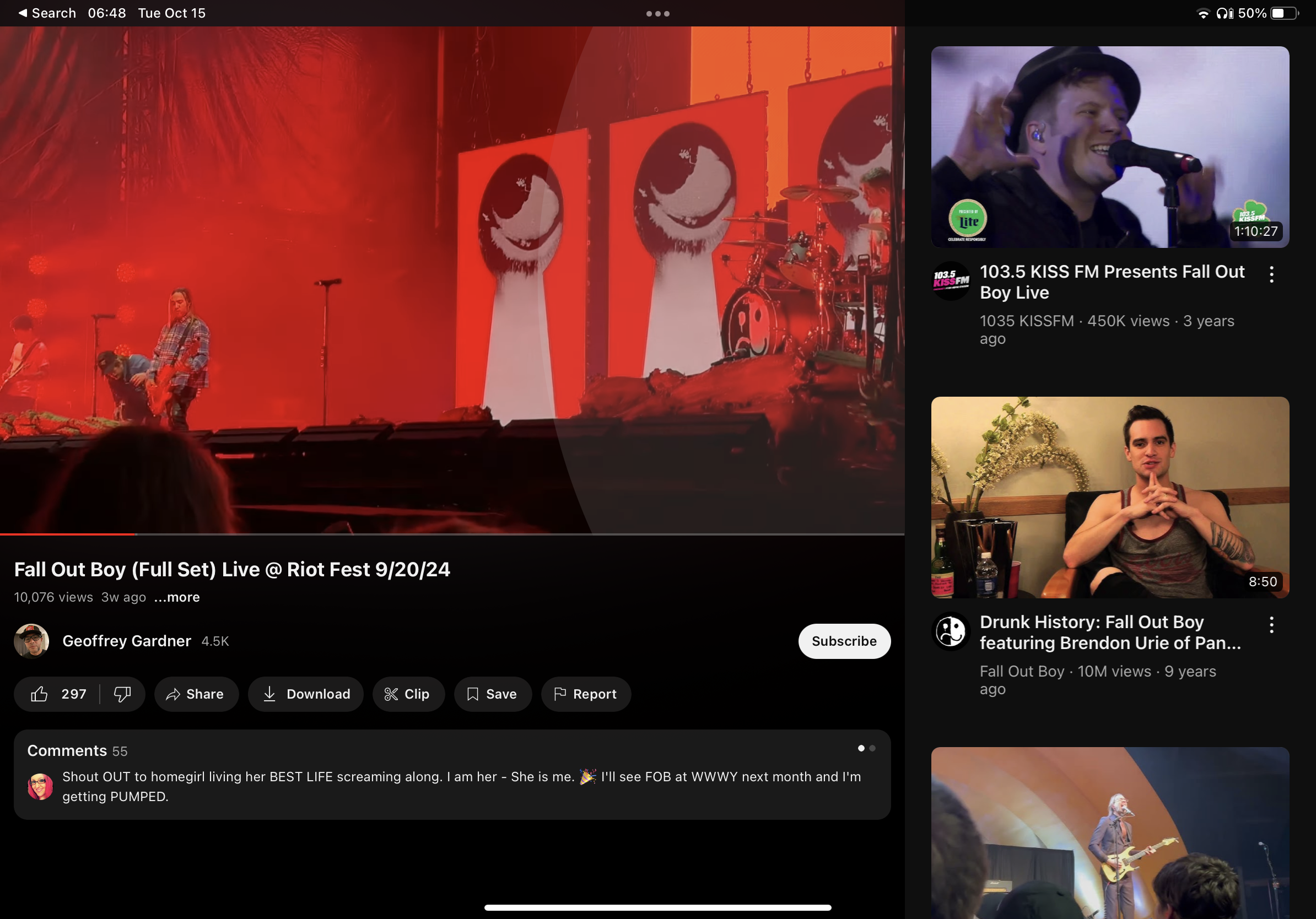 this is a screenshot of a youtube video from the fall out boy channel. the video is titled "fall out boy (full set) live @ riot fest 9/20/24". the video has 10,076 views and was uploaded 3 weeks ago. the video is of a concert performance by fall out boy at riot fest. the band is performing on a stage in front of a large crowd. there is a comment section below the video with comments from fans. the screen also shows other videos from the fall out boy channel, including a video titled "drunk history: fall out boy featuring brendon urie of panic! at the disco". the screenshot also shows the youtube channel for 103.5 kiss fm, which uploaded a video of fall out boy performing live.
