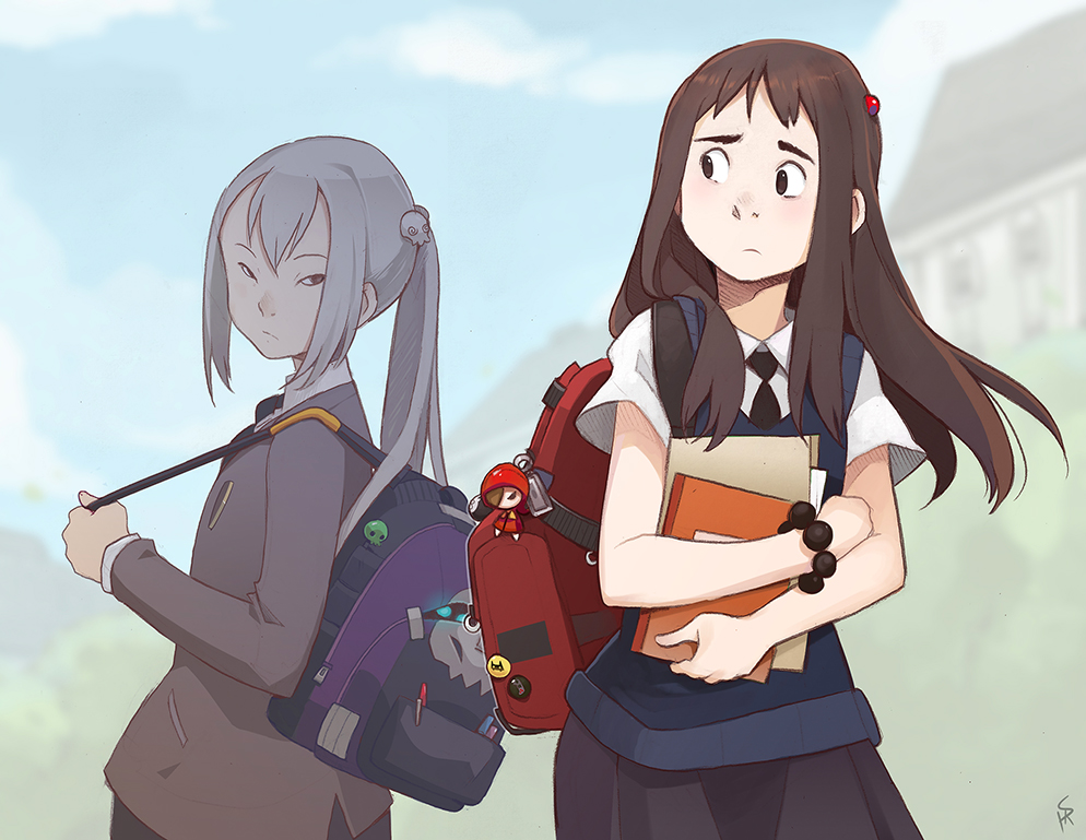 he image features two animestyle high school girls walking outdoors on what seems to be a schoolyard. the girl with white hair, dressed in a gray uniform and carrying a purple backpack, looks away from the camera with a neutral expression. the other girl, with brown hair and a blue uniform, clutches her books nervously and looks to the left with a worried expression. she wears a red backpack adorned with keychains. the background shows glimpses of school buildings, greenery, and a bright but possibly overcast sky.