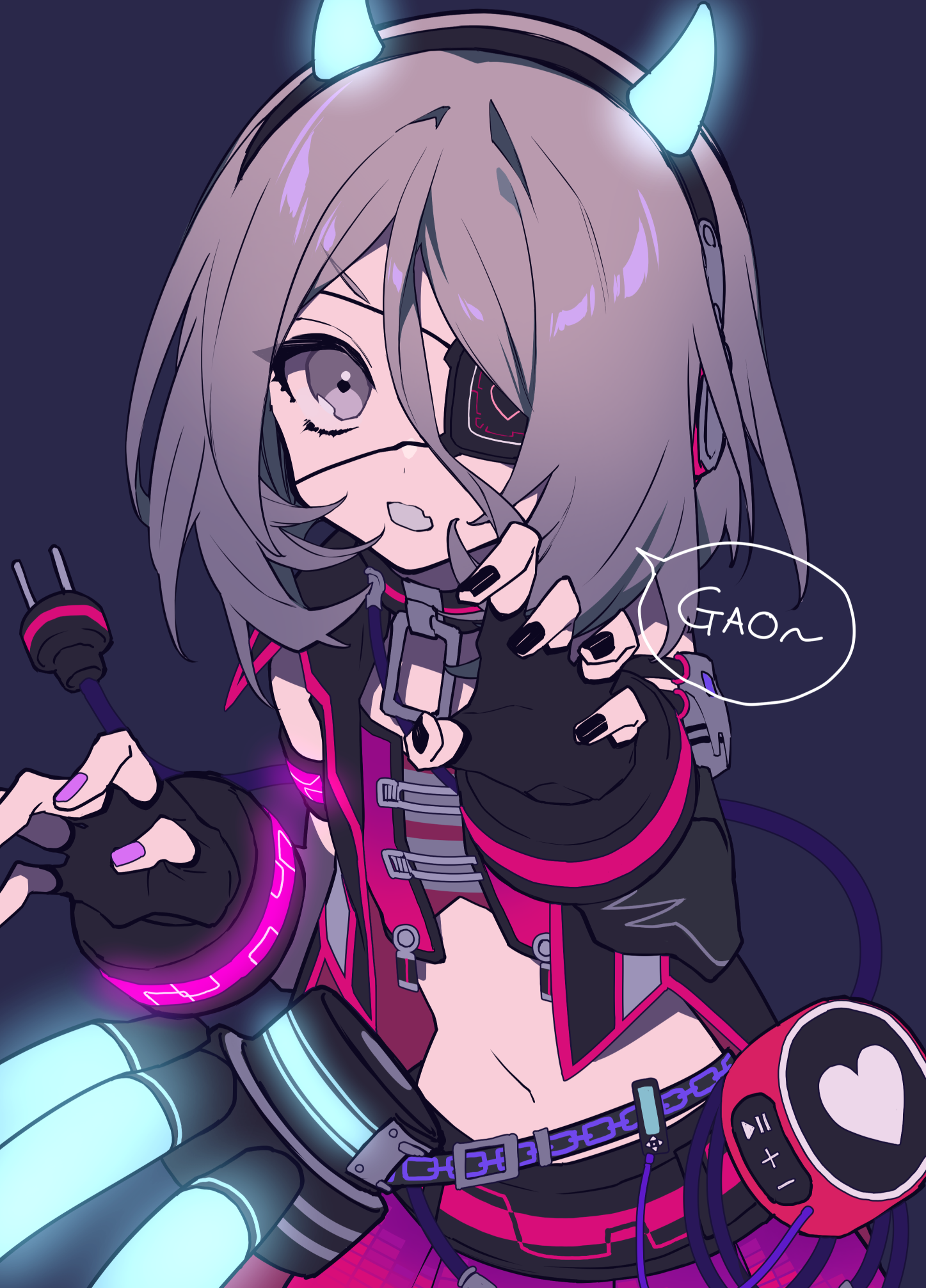 an animestyle image features a girl with gray hair and glowing blue horns. she's wearing headphones and an eyepatch with a neon pink design. her outfit is a mix of black and pink with neon accents. in her hand, she holds a plug. a speech bubble near her reads "gao~". a music player with a heart symbol is visible on her outfit. she has black nail polish on her nails.