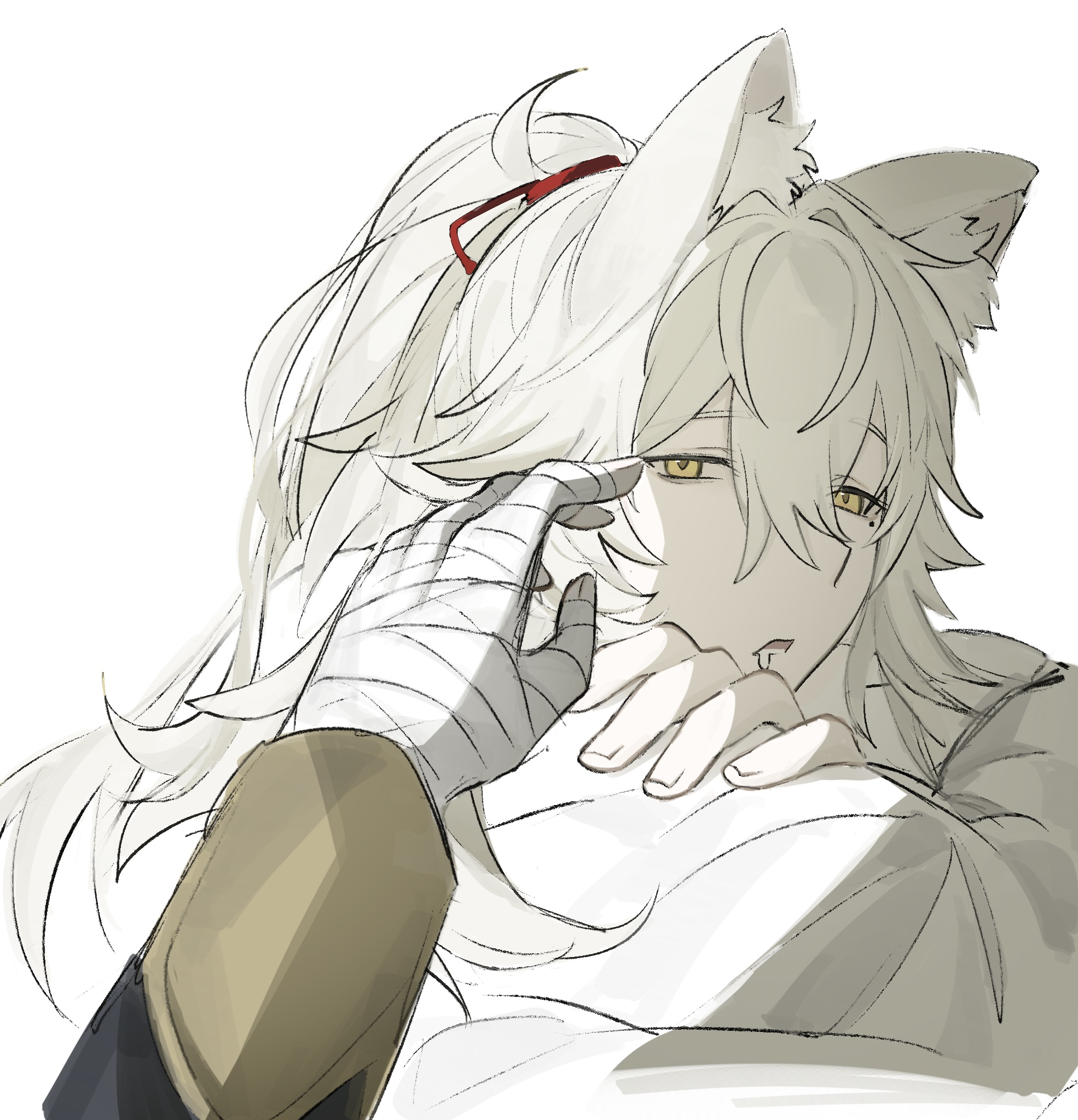 a detailed line drawing of a young, whitehaired anime man with wolf or fox ears.