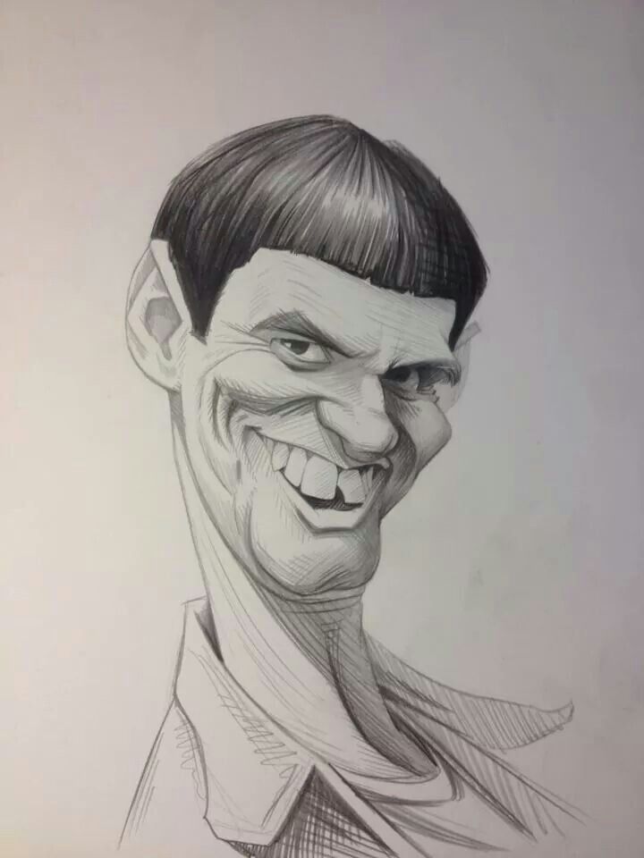 a pencil drawing caricature of jim carrey, depicting him as lloyd christmas from the movie dumb and dumber. he is smiling with prominent teeth and sporting his signature bowl cut.