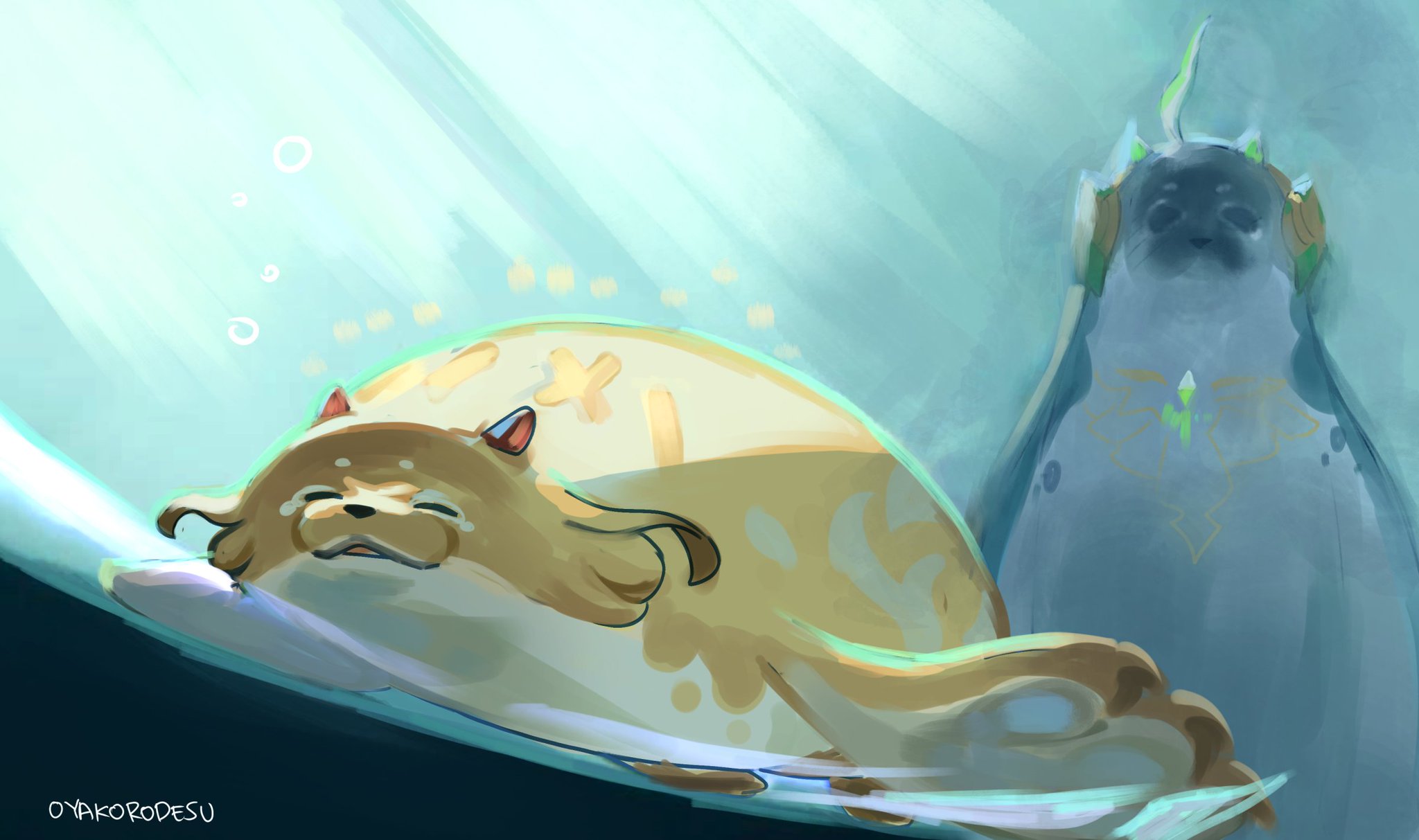 a digital illustration of two cartoon creatures in an underwater setting.  one is a large, round, blue creature with green horns and another is a small, round, yellow creature with brown fur and red horns. the small creature is asleep, floating on its back, in the blue water. the larger creature is standing upright behind the smaller creature. the background is a soft, blue, with green highlights.