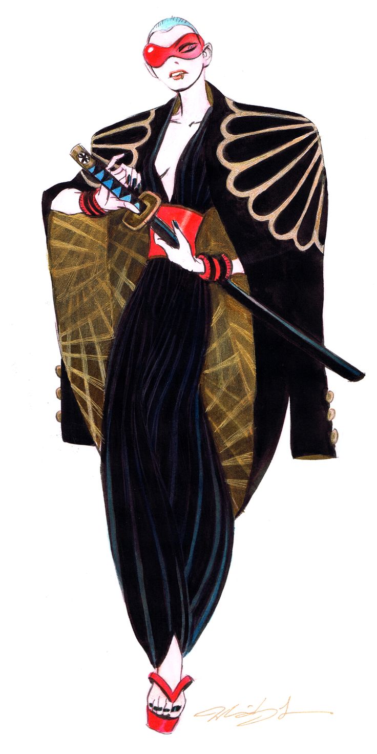 a woman with a bald head, wearing a black kimono, red sunglasses, and red sandals, holding a sword with a red handle. she is drawn in a cartoonish style with bold lines and vibrant colors.