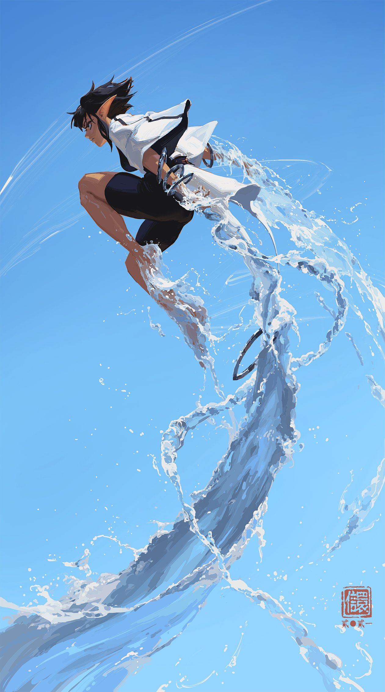 the image is a digital painting of an animestyle girl with dark hair and pointed ears, wearing a white kimonolike top and dark shorts.  she is depicted midleap,  her body angled and dynamic, with a large stream of water splashing around her as she appears to be jumping or diving into water. the background is a clear, bright blue sky, contrasting with the vibrant splashes of water and the girl's attire. the overall style is highly stylized and artistic, with a focus on movement and energy. a small red stamp is visible in the bottom right corner.