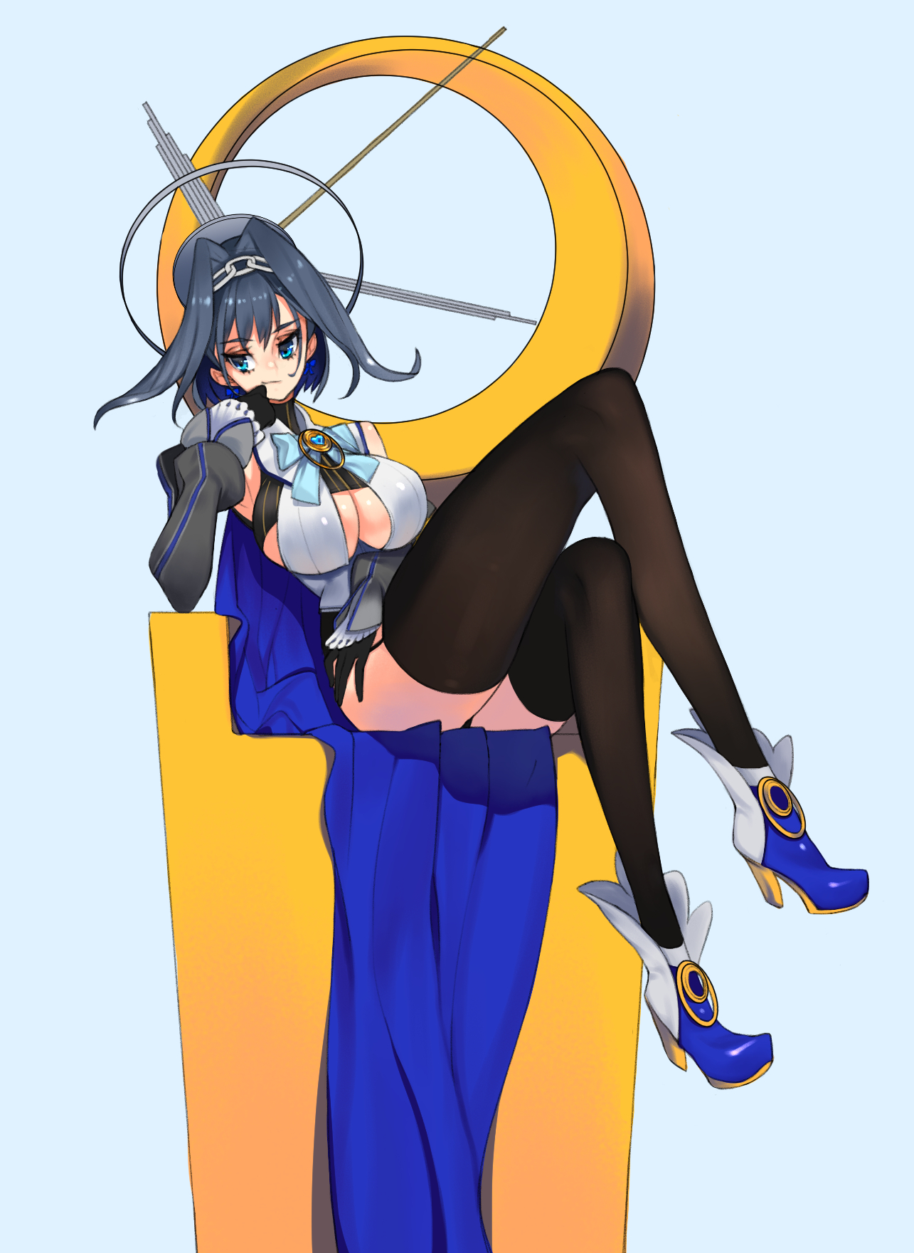 an anime girl with blue hair and blue eyes sits upon a golden throne.  she has a halo and wears a tiara with a clock hand design, echoing the large clock behind her. her outfit features blue and white with black accents and she wears thigh highs with blue and white shoes.