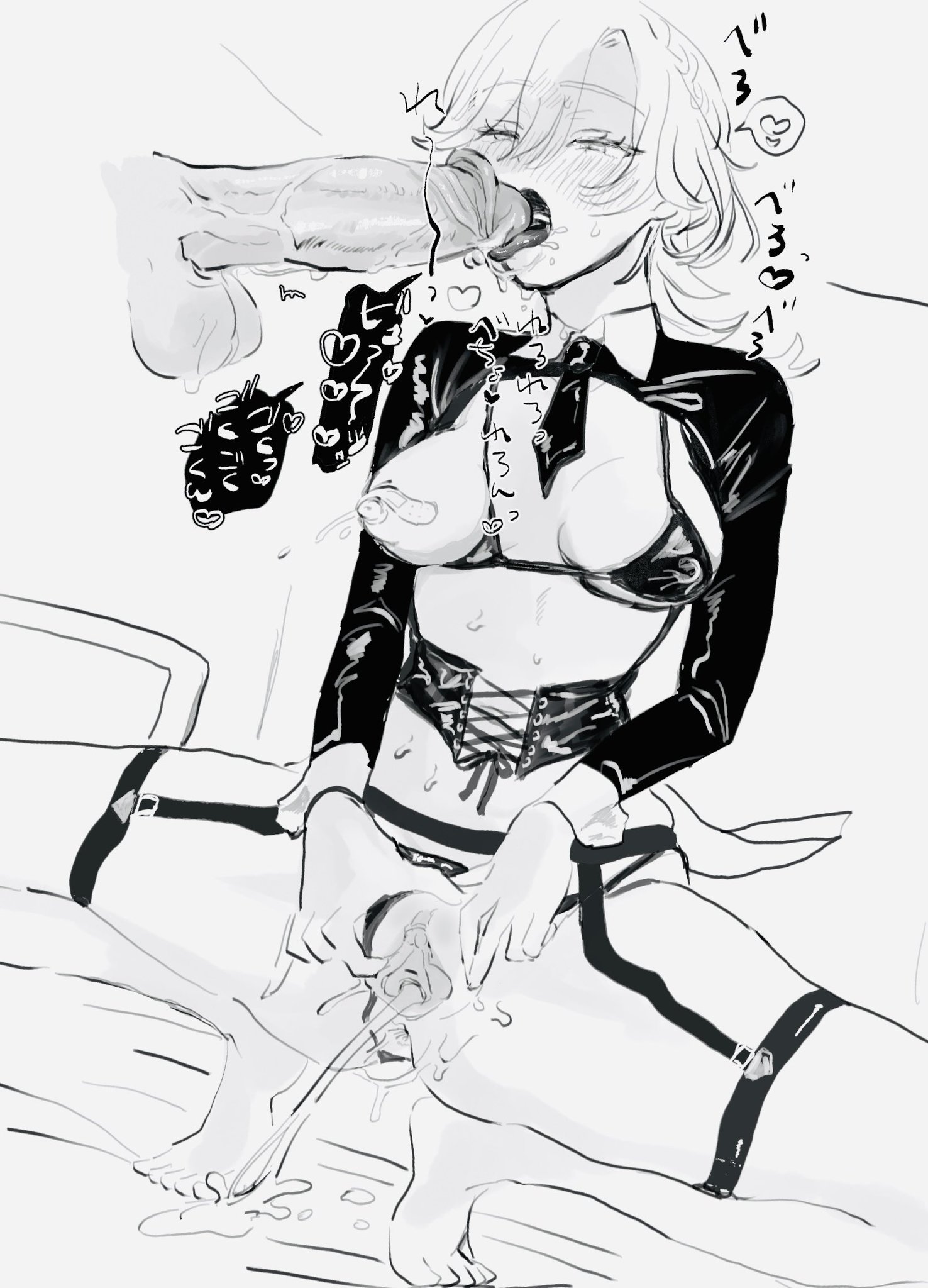 an erotic black and white illustration depicts a woman performing oral sex on a man while wearing lingerie and garter belts. the man has ejaculated, with cum visible both on his feet and in the woman's mouth.