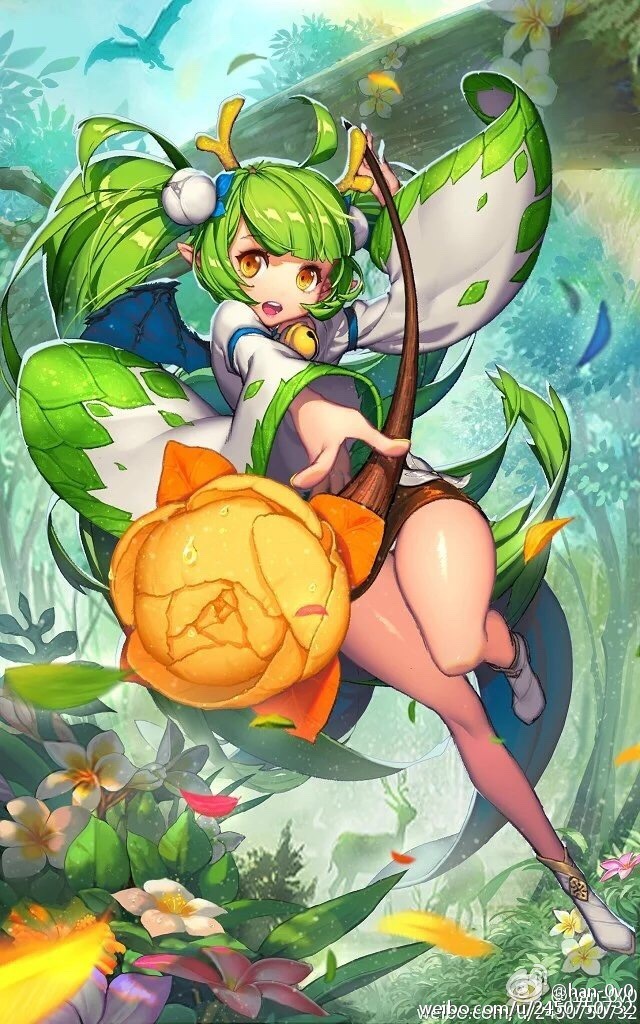 a cute anime girl with green hair and a green dress is standing in a forest with flowers. she is holding a flower in her hand and is smiling.