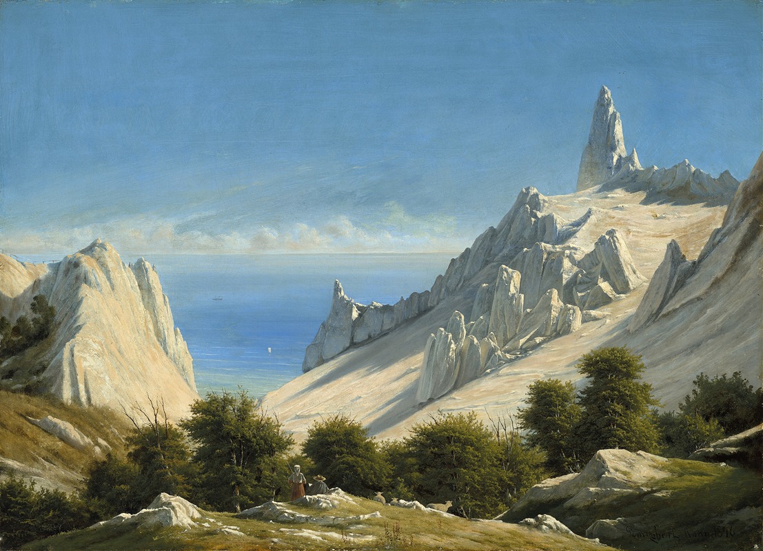 the image is a painting depicting a landscape with prominent chalk cliffs and the sea. in the foreground, there are trees and grassy areas with a couple of figures sitting. in the background, there are towering chalk cliffs, with distinct rock formations and a prominent tall, pointed rock. further in the distance, there's a glimpse of the sea with a few sailing ships visible. the sky is blue, creating a serene and majestic atmosphere. the style is reminiscent of romanticism, particularly works by caspar david friedrich.