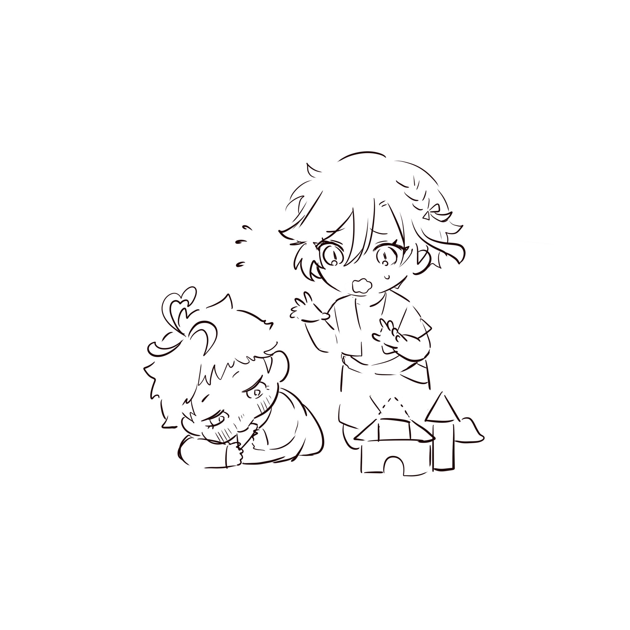 a black and white sketch of two anime characters, one is a boy with short hair and a sad face looking down, and the other is a girl with long hair and a surprised expression, pointing her finger. they appear to be playing with a toy sandcastle made of blocks.