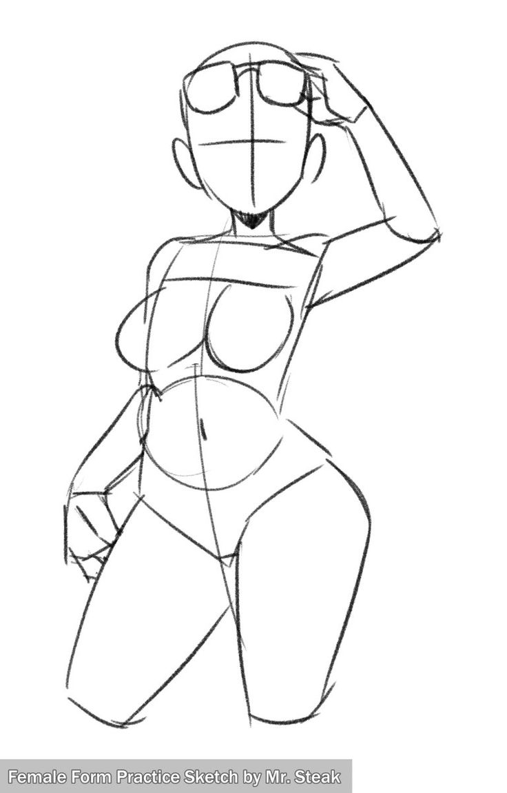 the image is a practice sketch of a female form, created by mr. steak. it features a woman with an outline drawing. the body is composed of basic shapes to represent the torso, breasts, and hips. her head has glasses on, and is lightly rendered with a cross for the center. one arm is raised touching the glasses. the woman is kneeling with one leg forward.