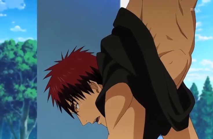 an anime character with red hair and black shirt with muscular abs, standing in a  posing position.