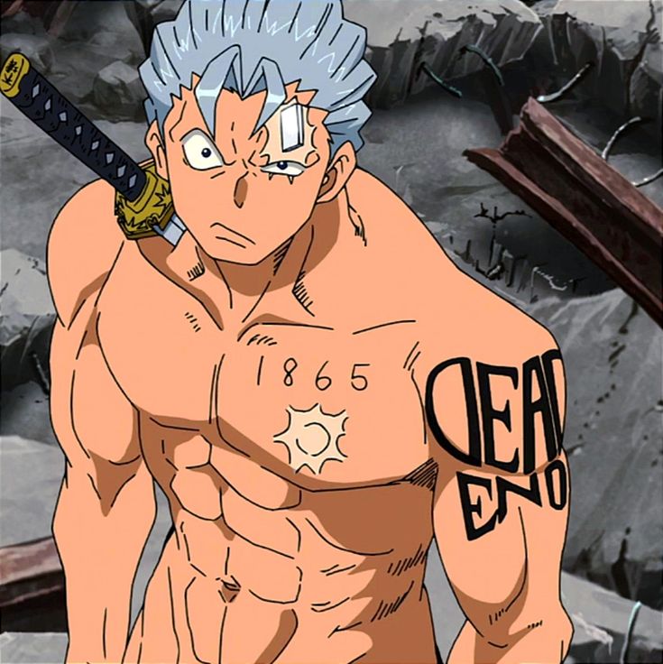 the image shows a muscular anime character with spiky white hair and a scar over his left eye. he is shirtless, revealing a toned physique and tattoos on his chest and right arm. the tattoo on his chest reads "1865" above a sun design, while the tattoo on his arm says "dead end". he is holding a katana with a black and gold hilt over his left shoulder. the background of the image is a pile of gray rubble.