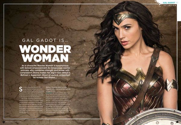 this is a magazine cover featuring gal gadot as wonder woman. she's wearing the wonder woman costume, with a shield and a stern expression.  she is standing in front of a brown textured background. the cover title reads, "gal gadot is... wonder woman".  the text also highlights wonder woman's character attributes, including her origin and role as a symbol of female empowerment.