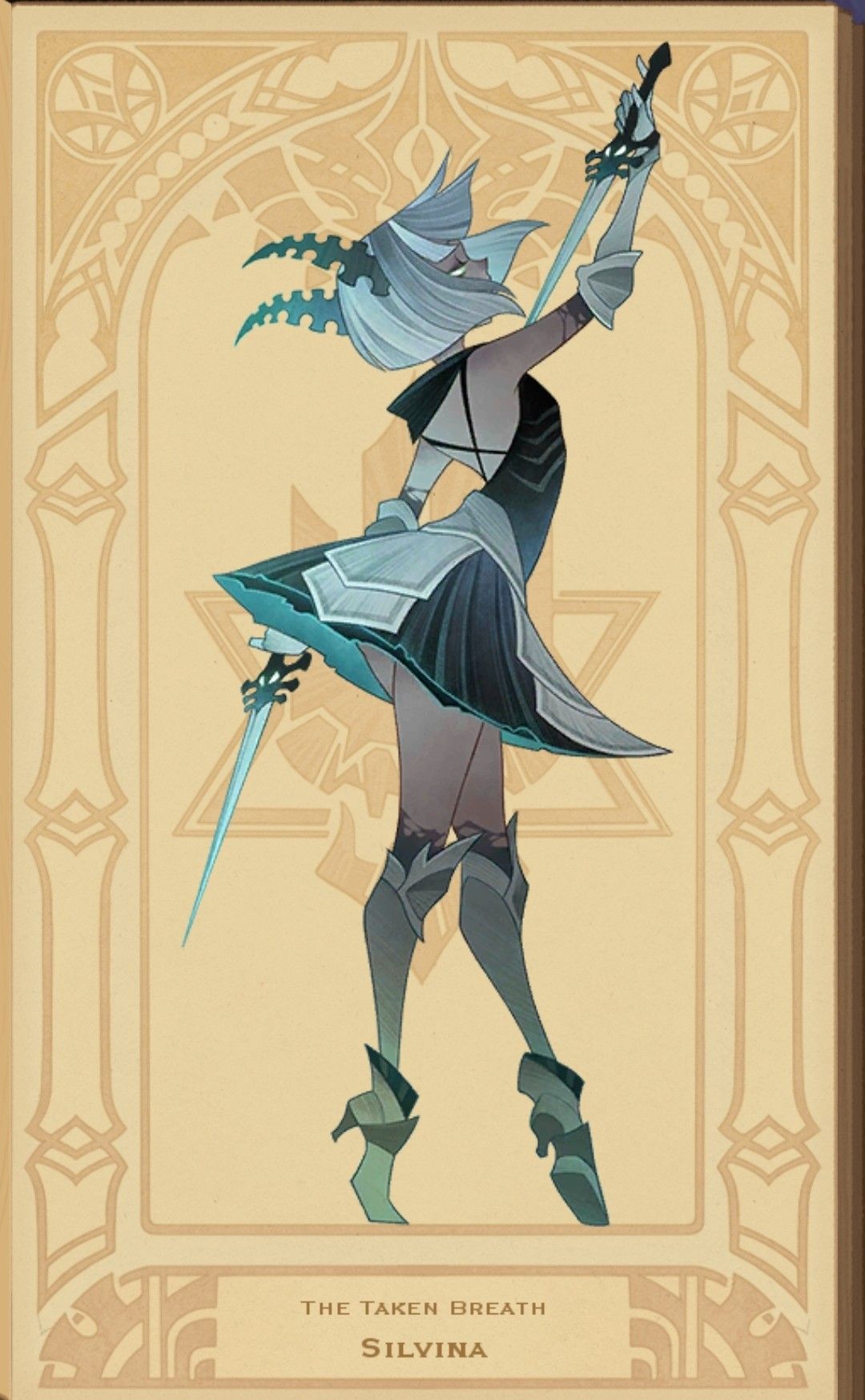 the illustration features a stylized drawing of a woman with short white hair and horns, wearing a black and white dress and armor. she holds a sword in her right hand and another sword is partially visible by her side. the style is reminiscent of fantasy art and character design. the background is a cream color with an elaborate frame.