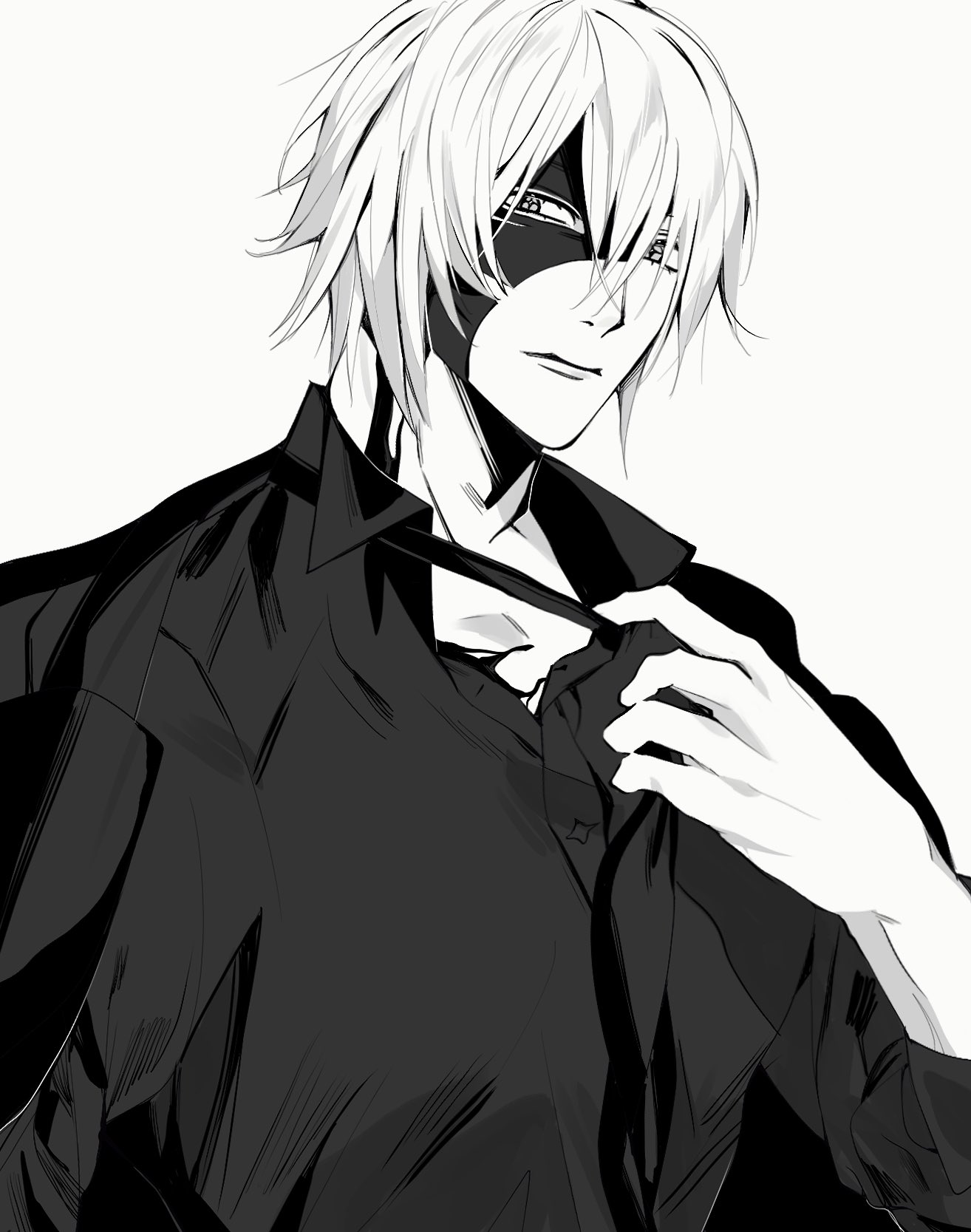 a monochrome illustration of a handsome anime male character. he has white hair, a mask covering most of his face, and is wearing a dark buttondown shirt. he is looking to the right side of the frame, and appears to be confident and cool.  he has a serious expression.