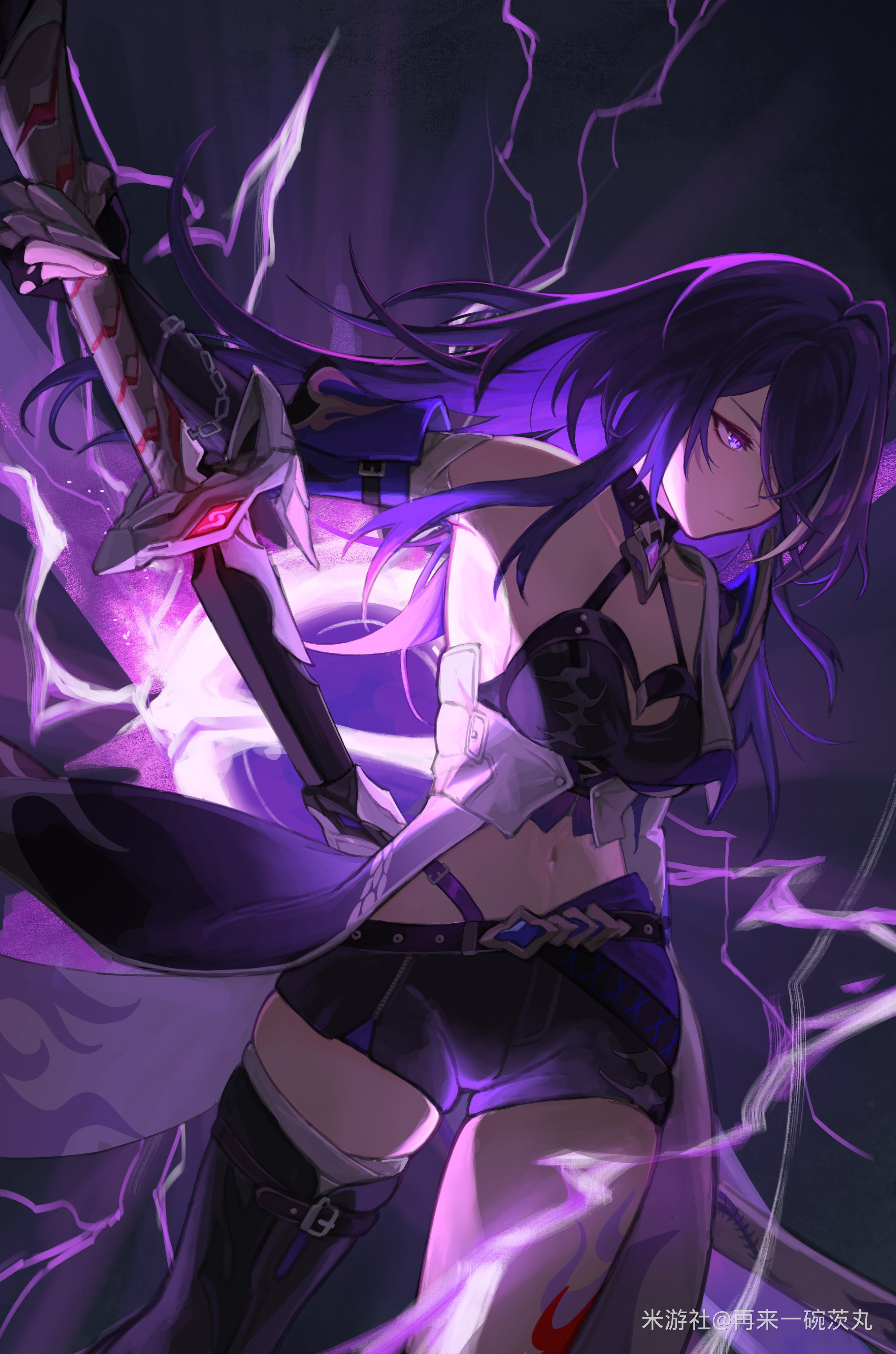 a female anime character with purple hair and eyes stands with a glowing sword in her hand. she is surrounded by purple lightning and has a determined expression on her face. the overall color scheme is dark and dramatic.