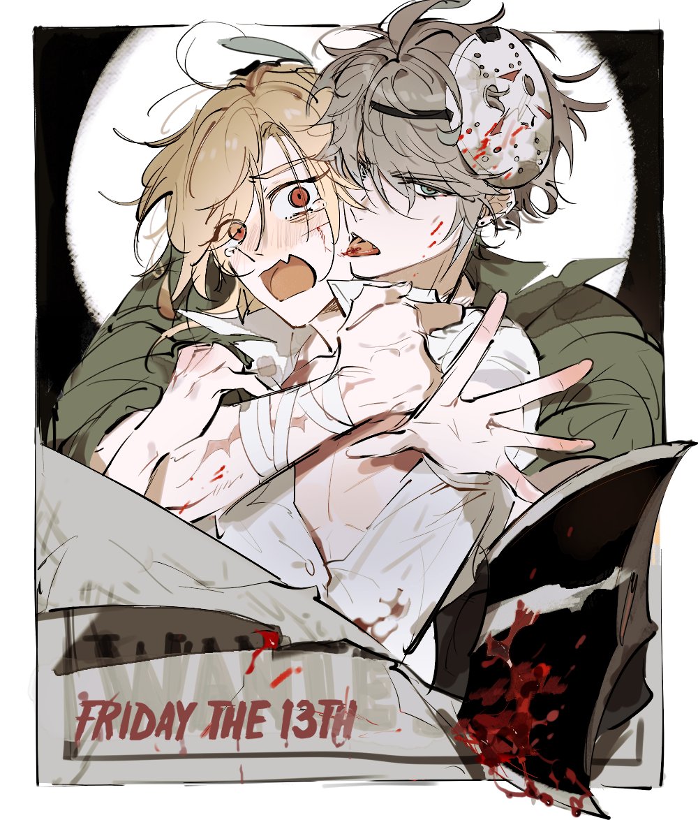 two anime boys are depicted in a scene that appears to be inspired by the horror movie franchise "friday the 13th." one boy, with blond hair and a terrified expression, is being held captive by the other, who wears a bloody hockey mask and is dressed in green attire. the setting suggests a dark and sinister atmosphere, with splatters of blood and the recognizable "friday the 13th" logo in the background. the scene conveys a sense of horror and danger, likely involving a romantic or perhaps a darker relationship between the two characters.