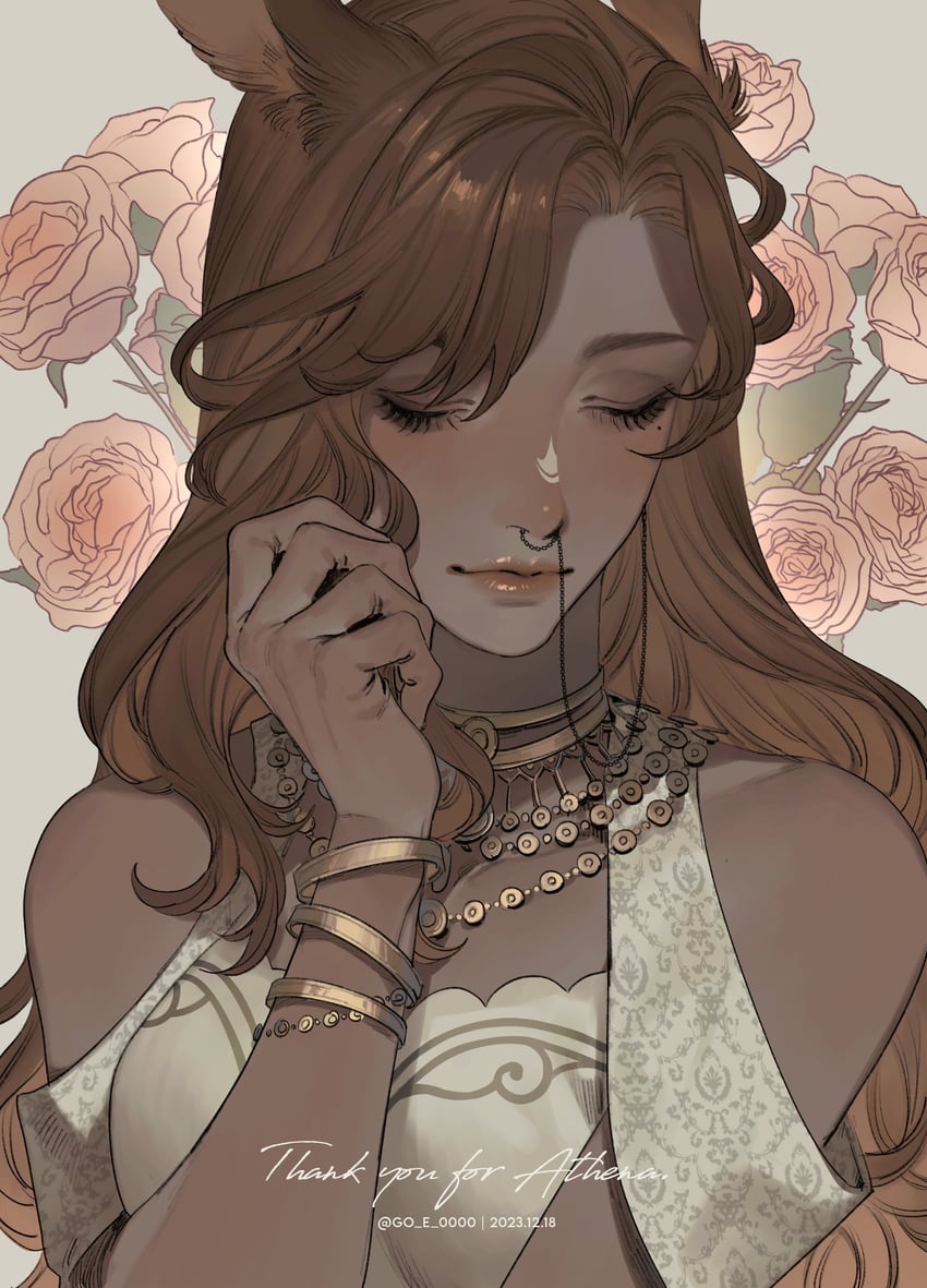 he image is a digital drawing of a woman with long brown hair and animal ears. she is wearing a white dress and gold jewelry. she has her eyes closed and is holding a strand of her hair in her hand. there are pink roses in the background. the overall color palette is soft and warm.