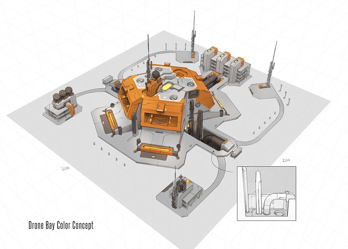 an aerial perspective concept design sketch for a drone bay. the drone bay is hexagonal in shape and painted in bright orange. it is surrounded by several smaller gray buildings and communication towers.  there are several roads surrounding the structures. a closeup view of the air ventilation system is shown on the bottom right corner.