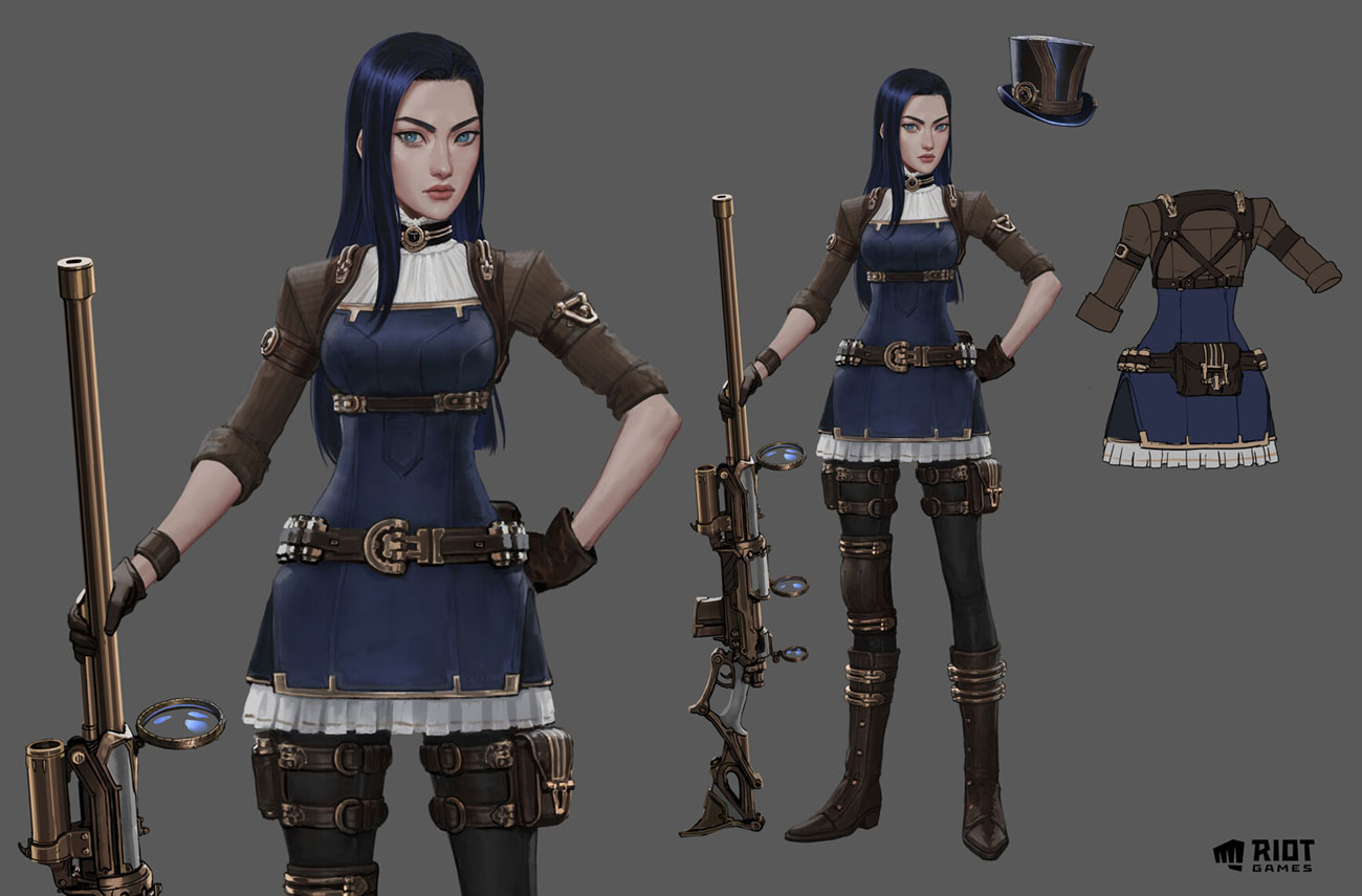 this is a illustration of a steampunk woman character design. she is wearing a dark blue dress and steampunk accessories with brown leather and metal details. she has a hat, a gun, and goggles.